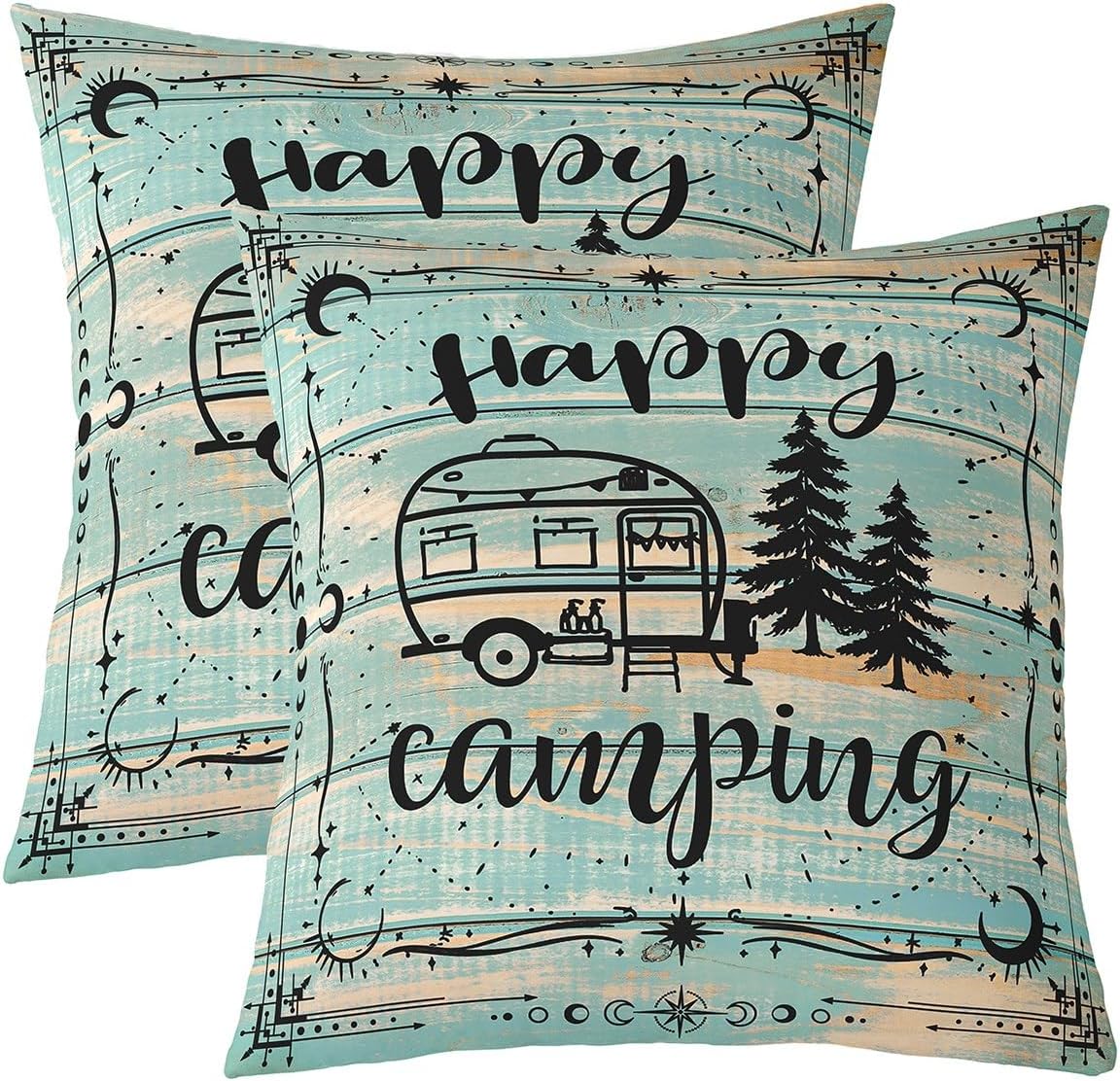 Erosebridal Kids Teal Blue Retro Wooden Cushion Cases for Teens Boys Girls,Happy Camping Throw Pillow Covers,Western Farmhouse Rural Pillow Covers,RV Car Decorative Square Pillow Cases,22x22 Inch