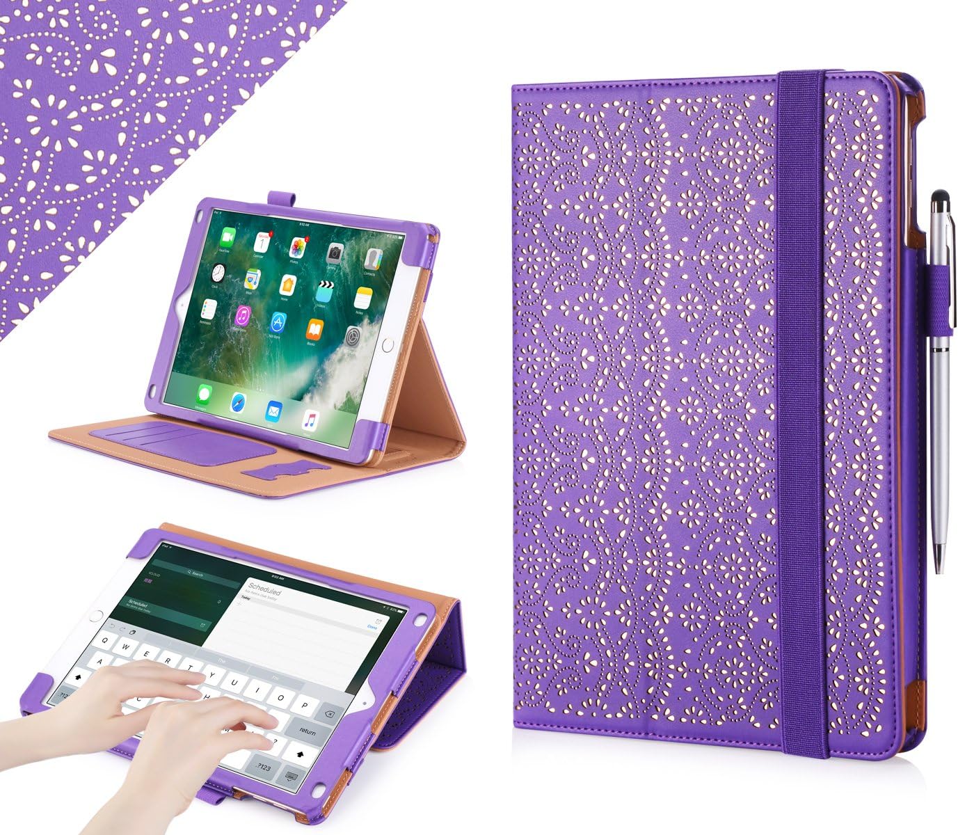 WWW iPad 9.7 2018/2017, iPad Air 2, iPad Air Case, [Luxury Laser Flower] Premium PU Leather Case Protective Cover with Auto Wake/Sleep for Apple iPad 9.7 2017/2018 and iPad Air 2/1 Purple