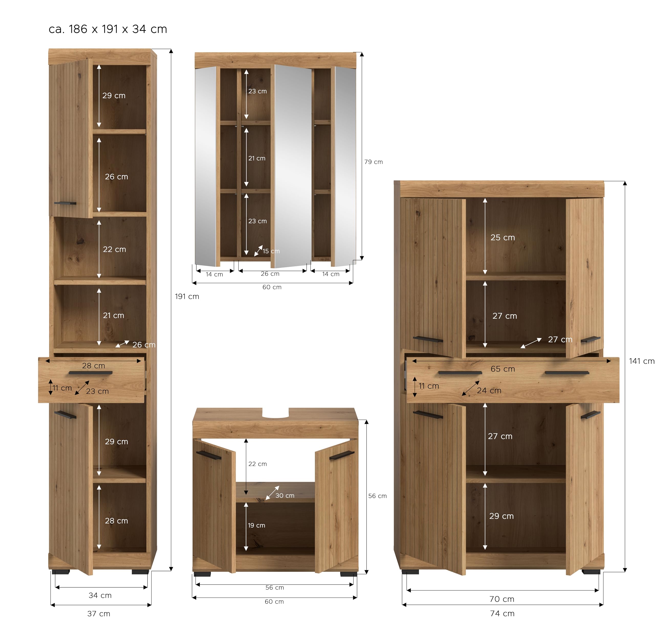 xonox.home – 4 TLG. Badkombination Scout 201x191x34 cm in Artisan & Schwarz – Set aus Hochschrank – Bild 4