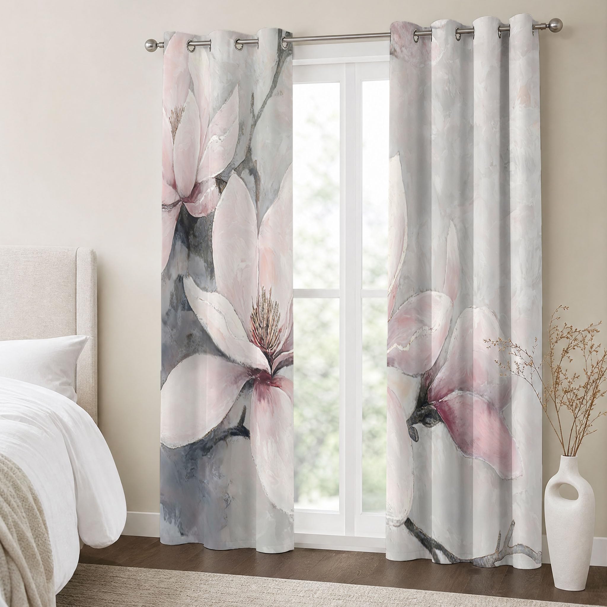 Magnolienblütenzweige Vorhänge, Retro Elegant Vorhang Blickdicht Thermo Verdunkelungsvorhänge Mit Ösen - Hellrosa Gardinen Wohnzimmer Schlafzimmer Fenster - H214 x B91.5 cm (2er Pack)