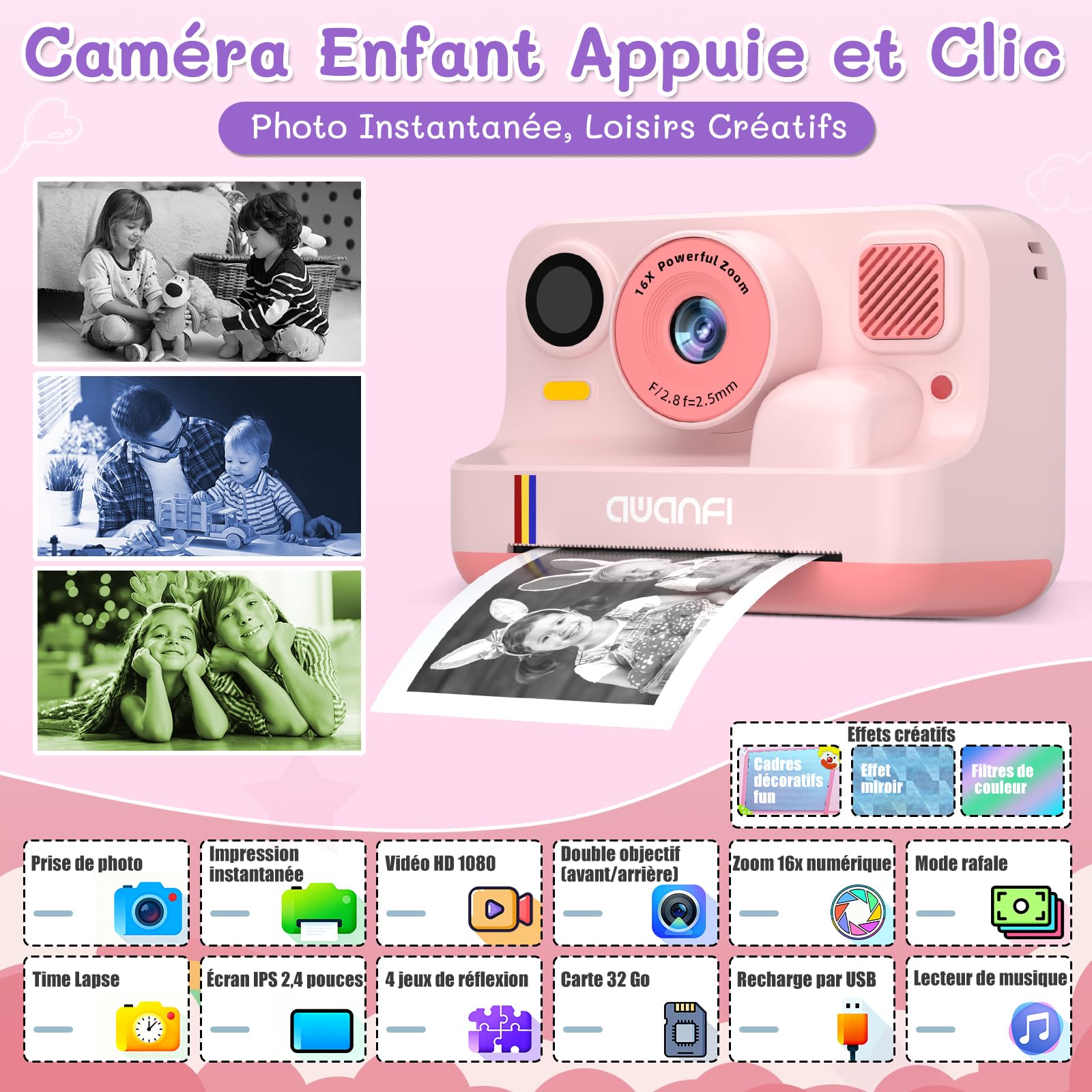 Appareil Photo Instantané Enfant Cadeau Jouet Fille Garçon 3-12 Ans, AWANFI Caméra Numérique Vidéo 1080P Carte 32GB avec 3 Rouleaux de Papier et Impression APP Bluetooth