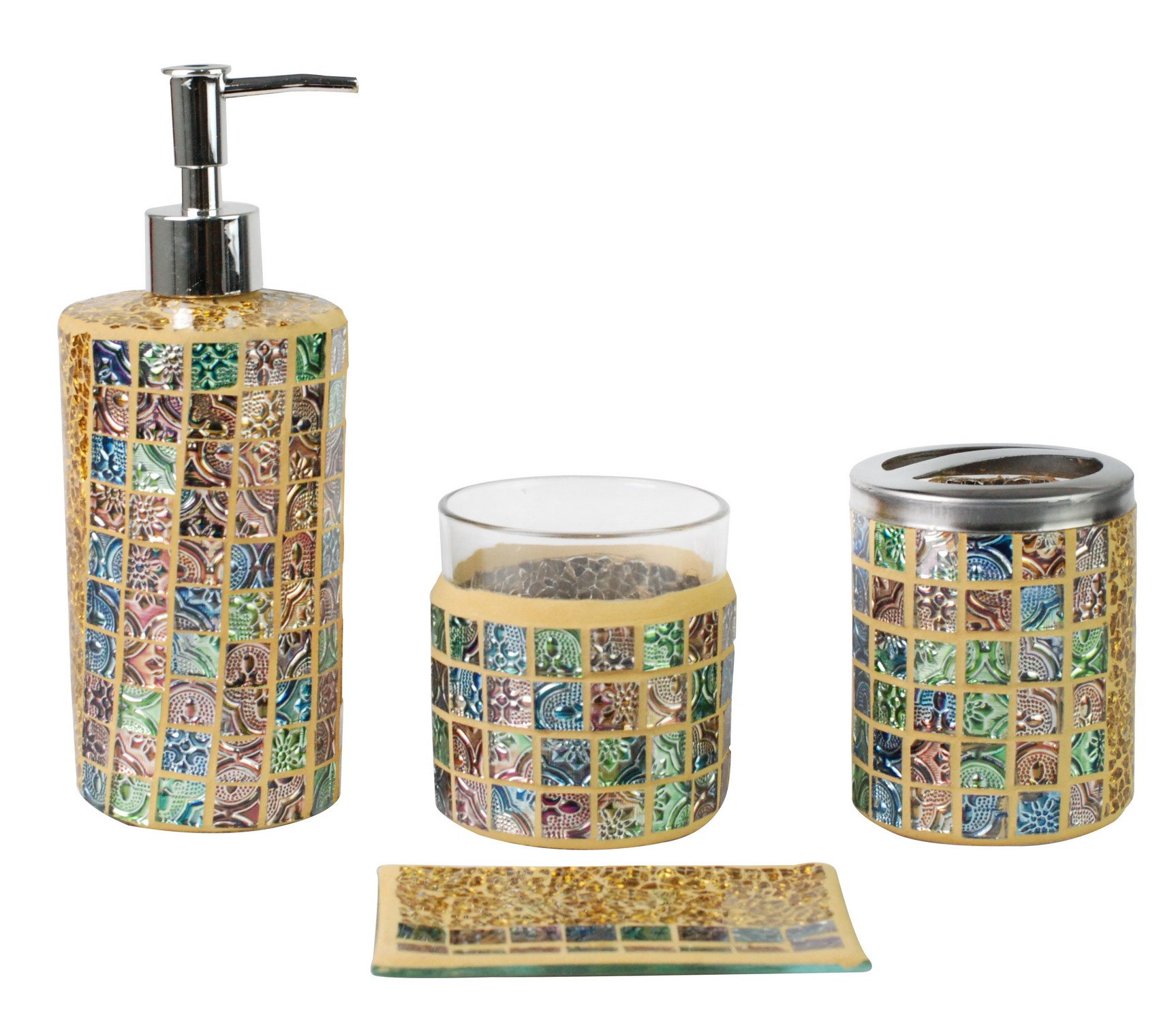 SkyMoving Luxury Bathroom Accessories set, 4-Piece Mosaic Glass Luxury Bathroom Gift Set, Includes Soap Dispenser, Toothbrush Holder, Tumbler & Soap Dish (Yellow)