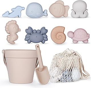MarcZero 11Pcs Silicone Beach Toys,Modern Baby Beach Toys,Travel Friendly Beach Set,Silicone Bucket, Shovel, 8