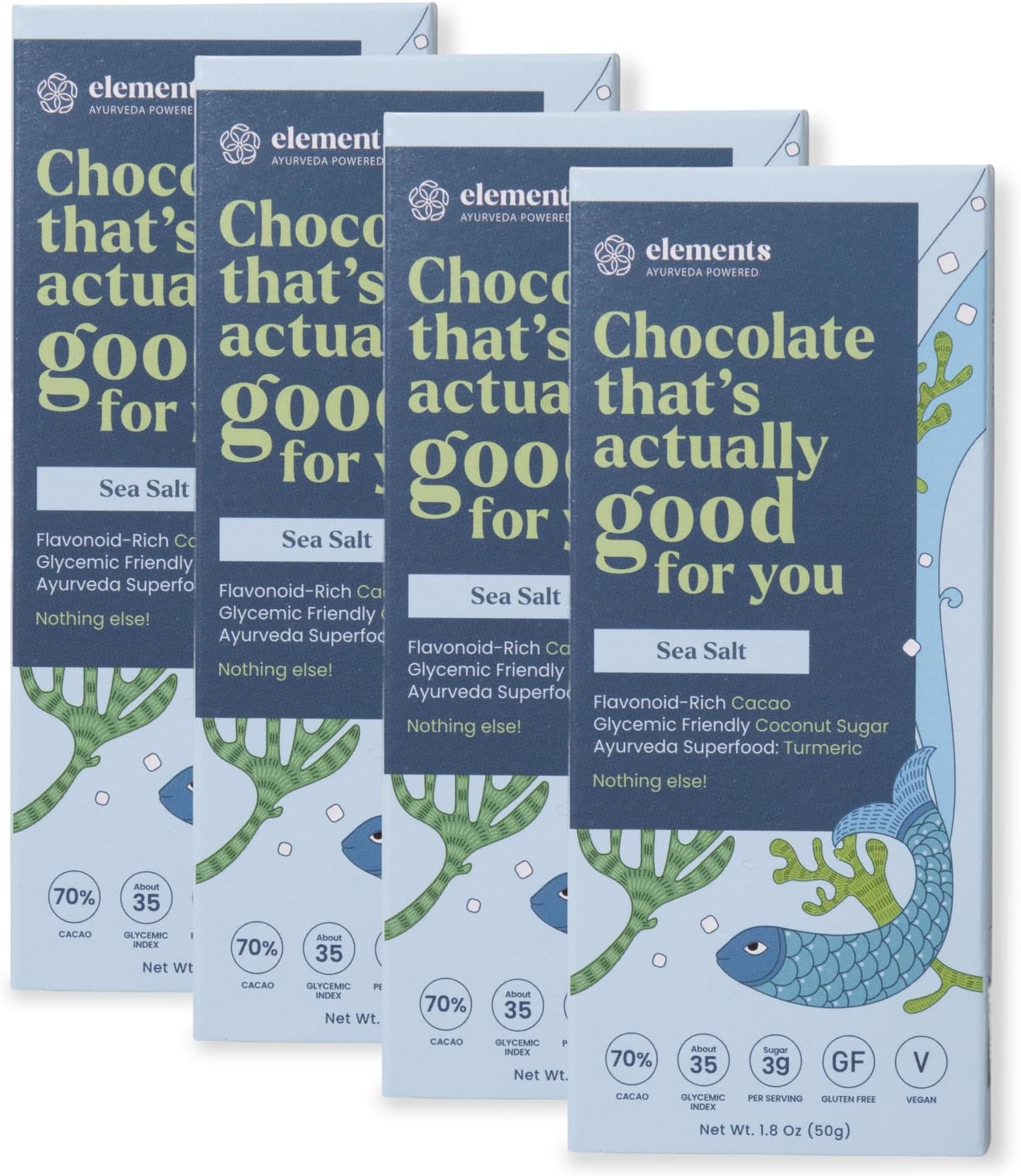 Elements Truffles Sea Salt Flavoured Dark Chocolate Bar| Ayurvedic, Vegan & Gluten Free | No Refined Sugar & Artificial Flavours | Enriched with Cocoa, Coconut Sugar & Turmeric 50g (Pack of 4)
