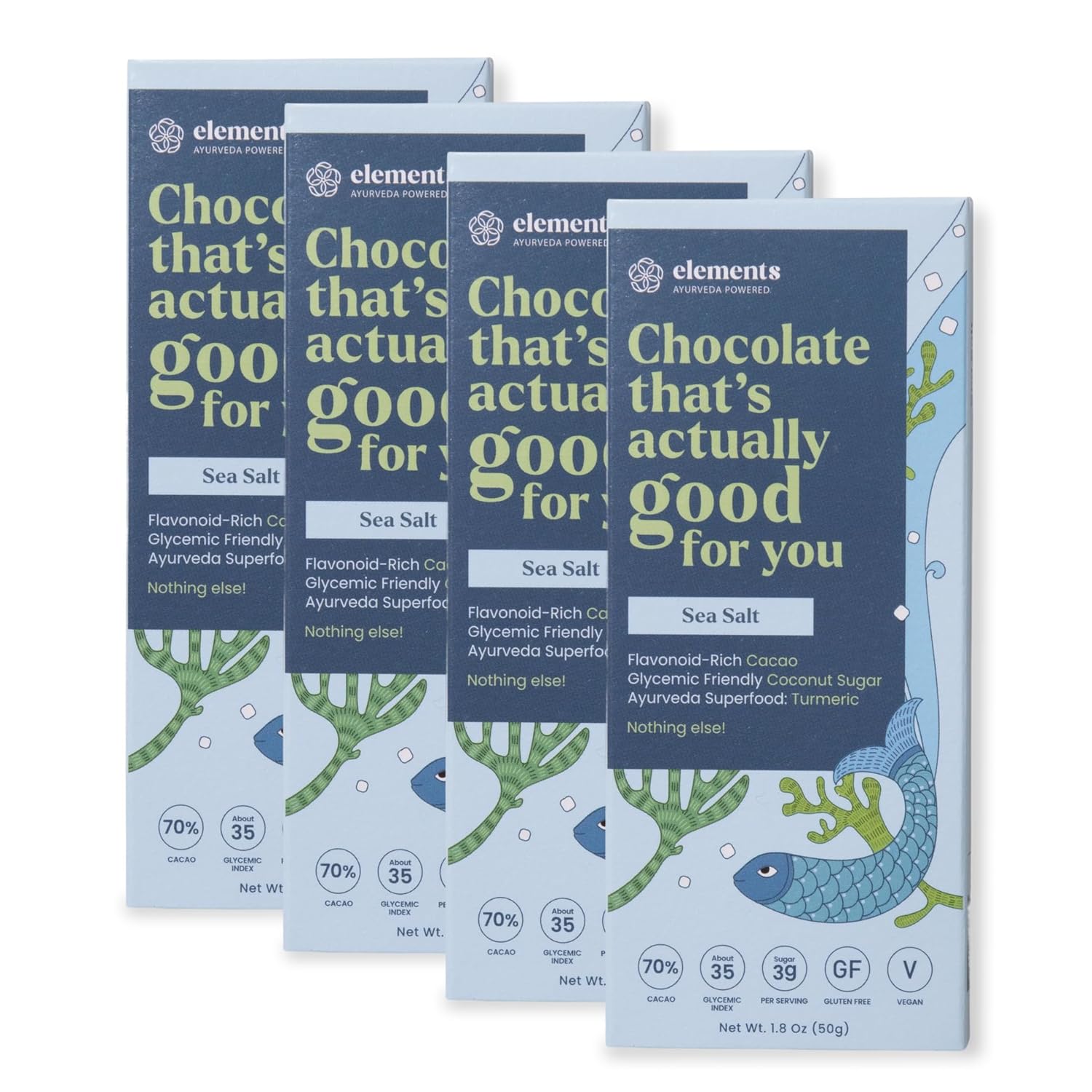 Elements Truffles Sea Salt Flavoured Dark Chocolate Bar| Ayurvedic, Vegan & Gluten Free | No Refined Sugar & Artificial Flavours | Enriched with Cocoa, Coconut Sugar & Turmeric 50g (Pack of 4)