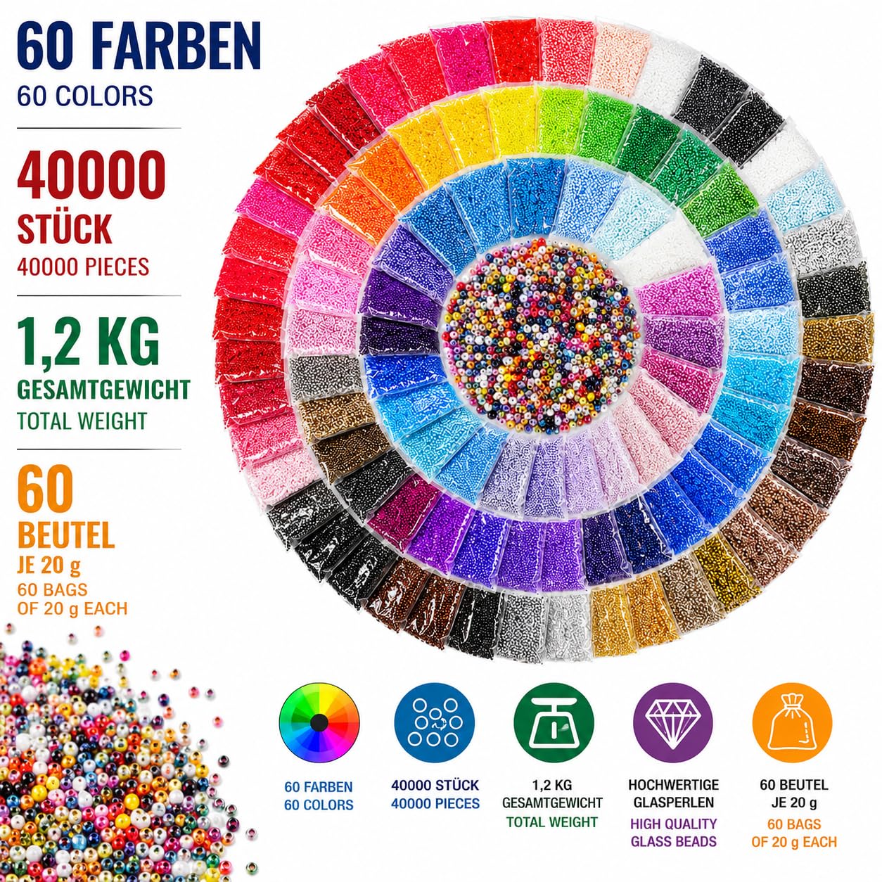 Perlin Rocailles 8/0 Perline di vetro da 3 mm, 60 colori, 40.000 pezzi, 1,2 kg | Perline indiane, accessori per gioielli da infilare per bracciali, collane, tessitura di perline, progetti fai da te