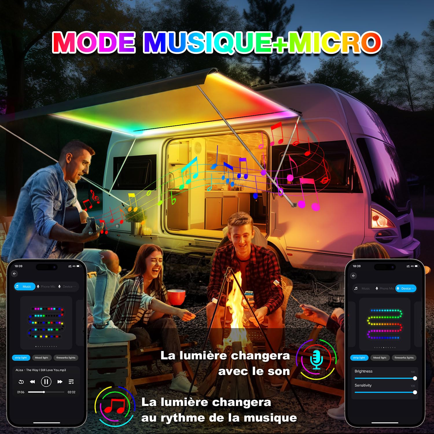 Lichaser 12V Bande LED Camping Car IP67, Lampes éclairage pour Camping Car RGB+IC avec Application et Télécommande, Convient pour l'éclairage Intérieur et extérieur des Caravanes de Camping-car (5m)