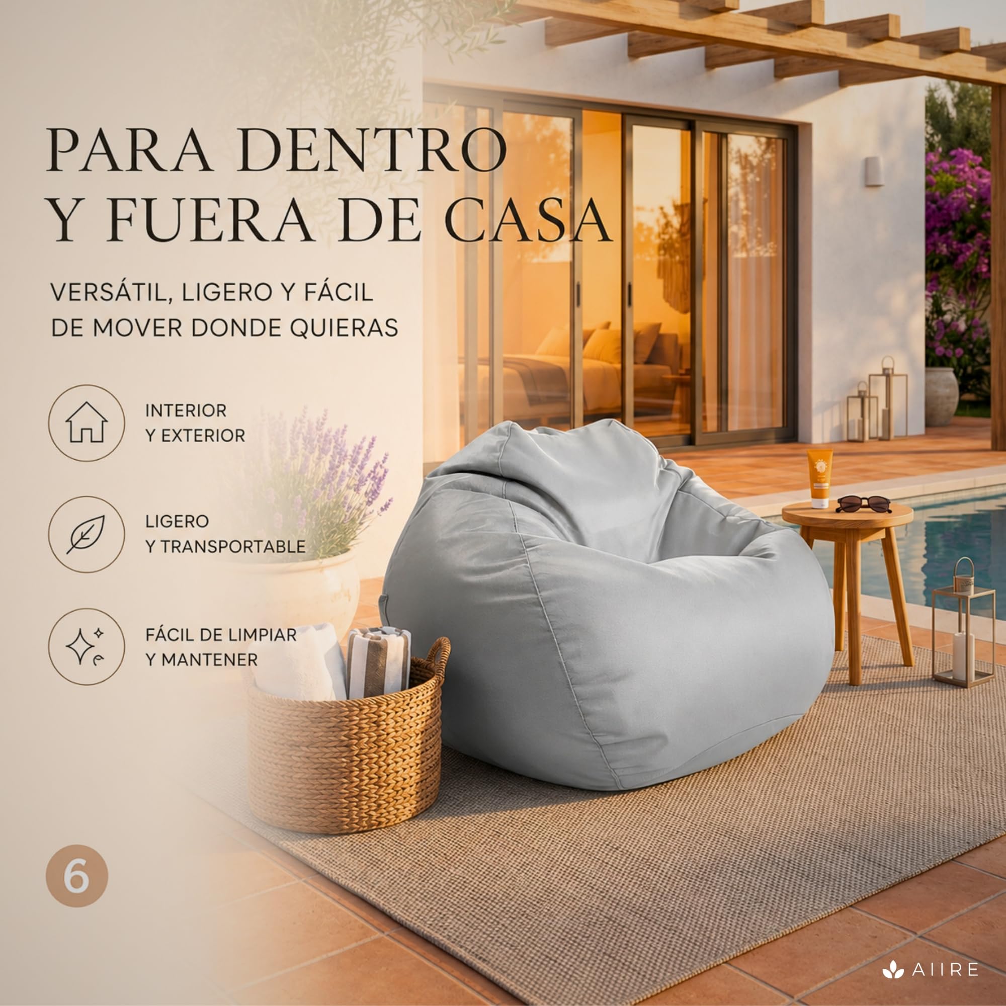 Aiire Sillón Puff Exterior Jardín - Puf con Relleno Incluido para Piscina, Terraza o Porche - Funda Resistente, Desenfundable y Lavable - Bean Bag Chair Exterior e Interior Juvenil o Adultos