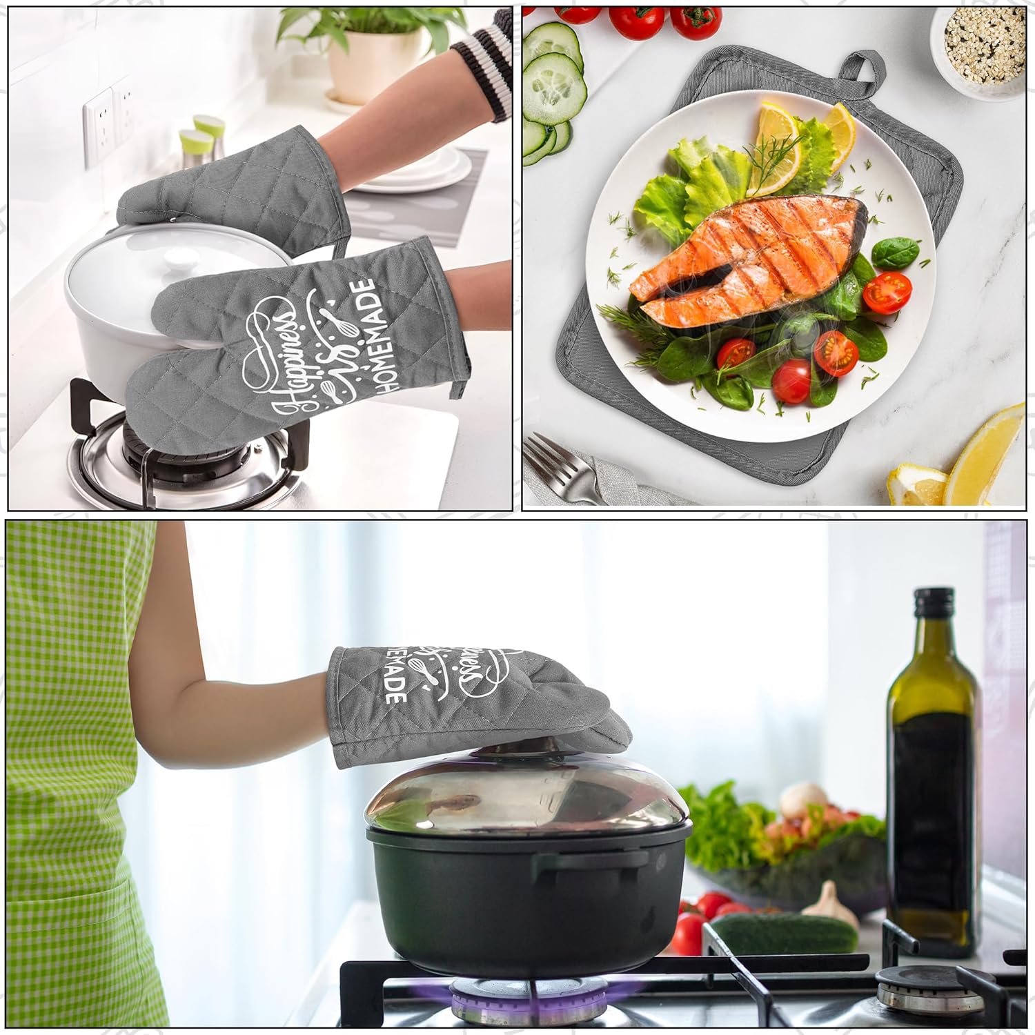 GROBRO7 6Pcs Cotton Oven Mitts and Pot Holders Set Happiness is Homemade Heat Resistant Hot Pad Machine Washable Microwave Gloves with Hanging Loop Pocket Potholder for Kitchen Baking Cooking Grilling - Image 6