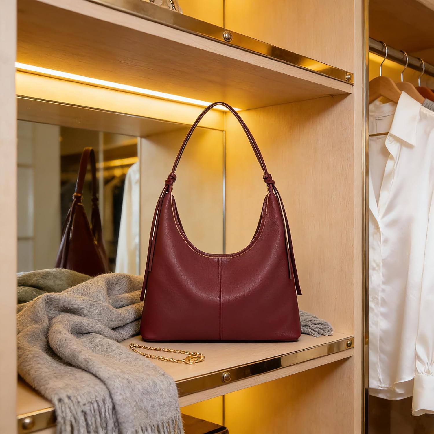 Hobo Bags for Women Soft Vegan Leather Shoulder Handbag Slouchy Tote Purses With Tassel Ribbon