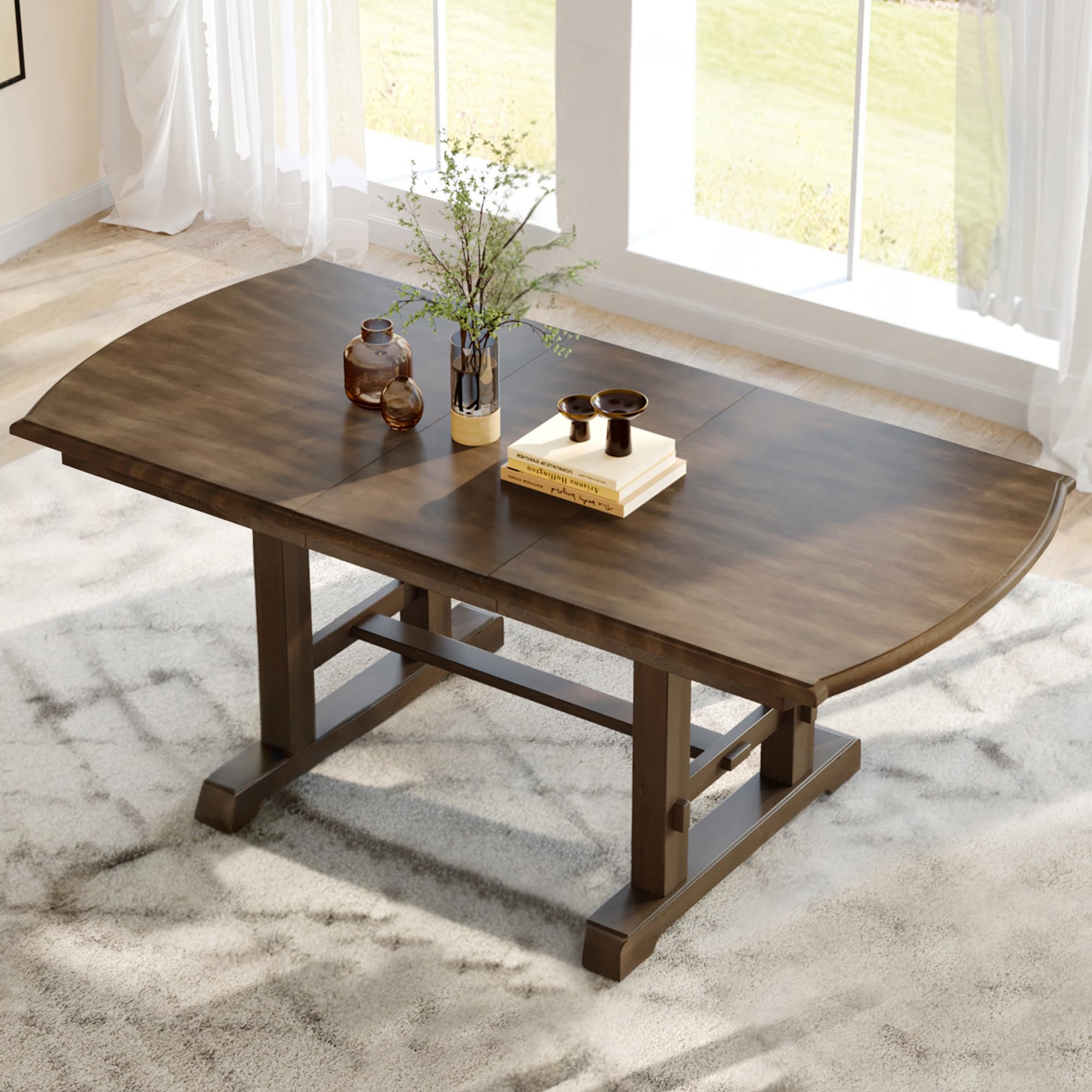 P PURLOVE 60"-78" Extendable Dining Table, Farmhouse Wooden Kitchen Table with Removable Leaf for 4-8 (Brown)