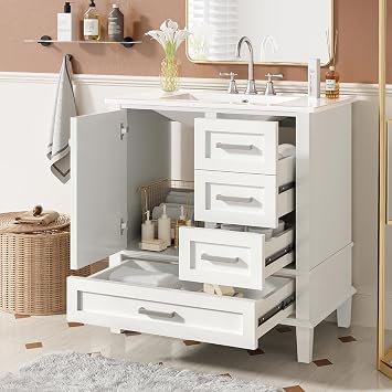 Mirightone 30" Bathroom Vanity with Sink, Bathroom Vanity with Sink 30 Inch, 30 in Vanity with Top for Bathroom, 30 Vanity and Sink Combo with 3 Drawers and 1 Soft Closing Door White