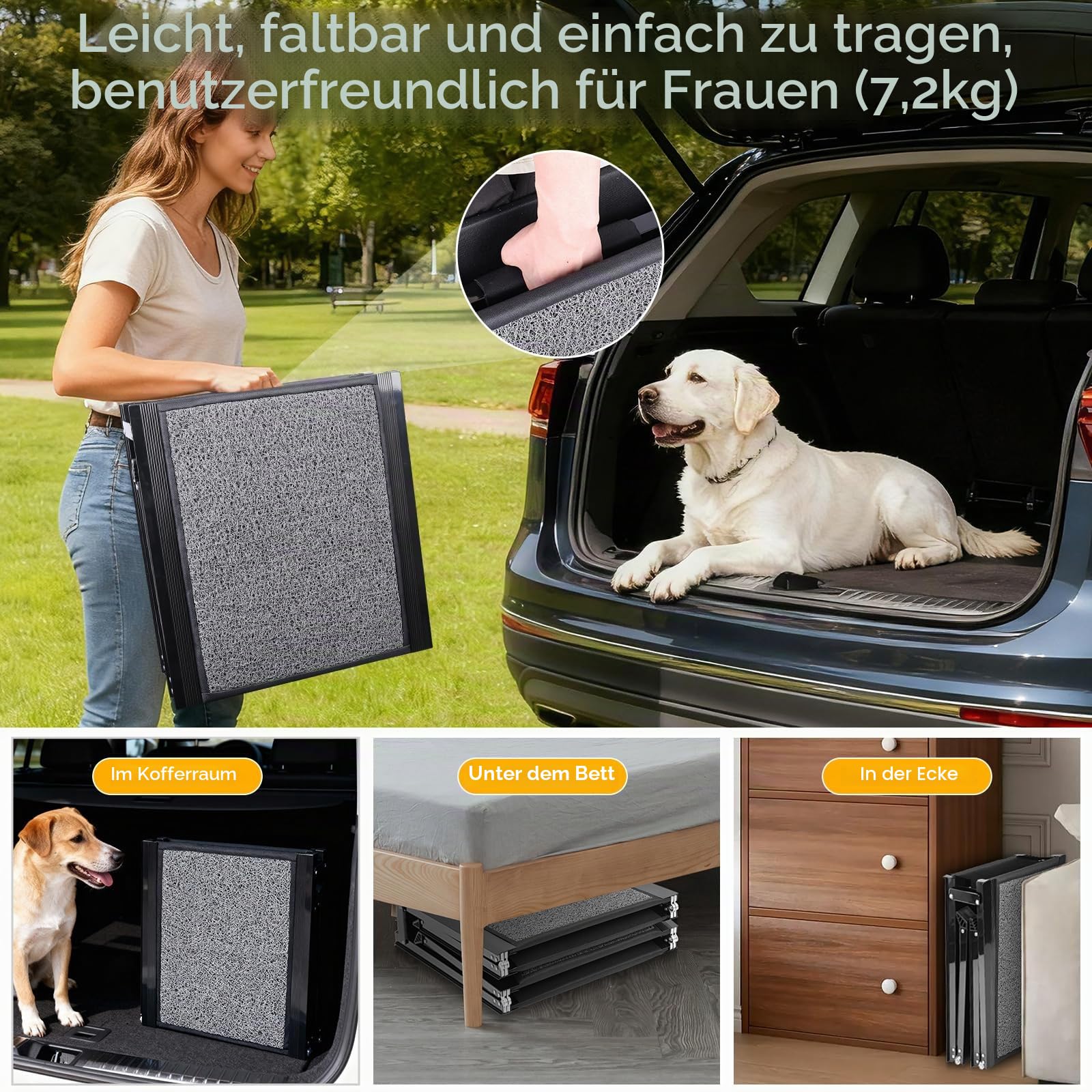 【170cm Faltbare Hunderampe für Autos】Rutschfeste Haustiertreppe für mittelgroße und große Hunde bis zu 7 kg, leichte tragbare Haustiertreppe für Auto, SUV, LKW, Bett, Sofa, Innen- und Außenbereich