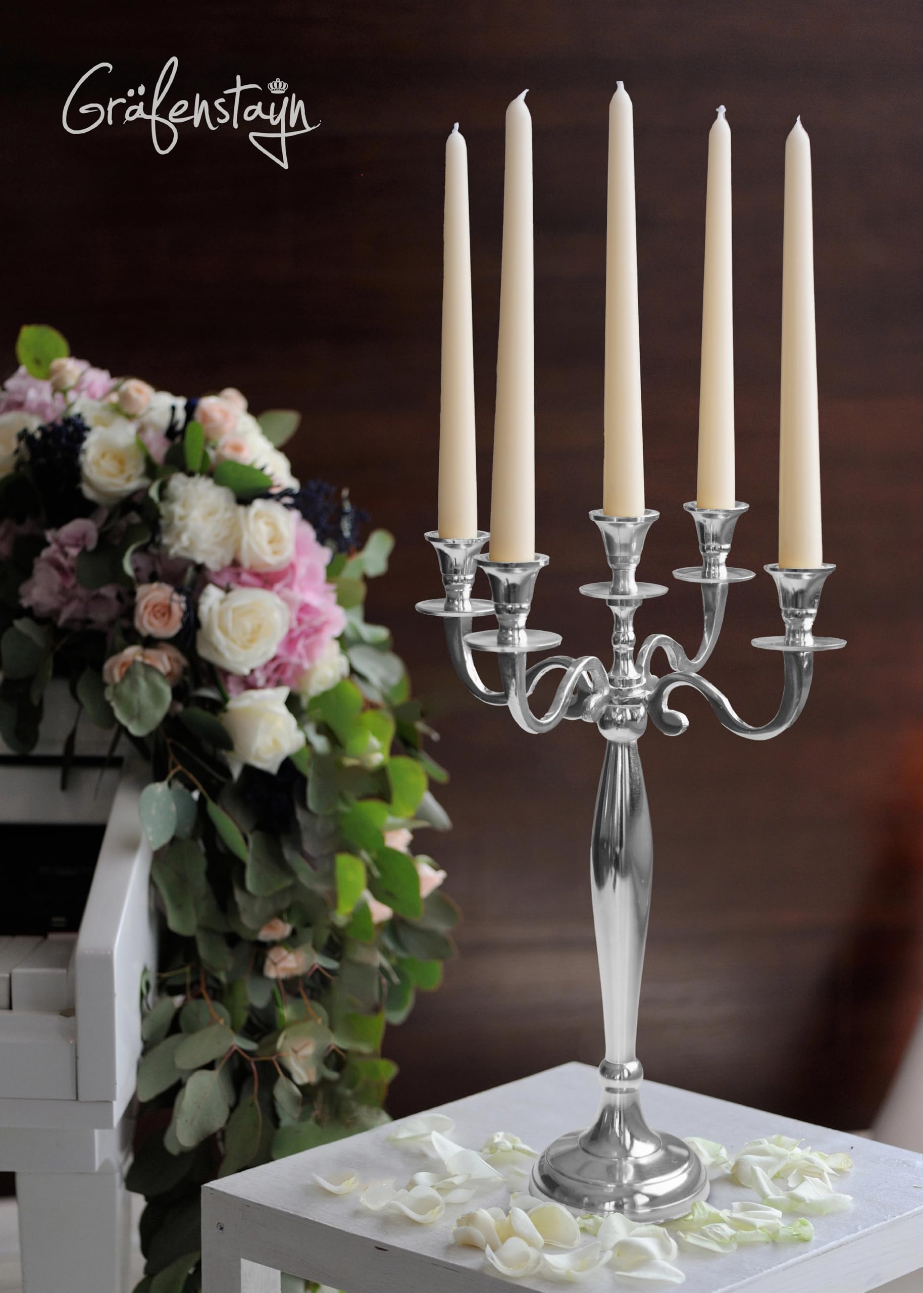 Gräfenstayn Candelabro 1, 3 o 5 Brazos - Diferentes tamaños - Candelabro en Color Plata, Negro, Blanco o Dorado (XL, Plata)