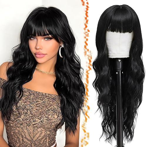 BARSDAR Women's 26'' Long Wavy Wig With Bangs, Synthetic Hair,