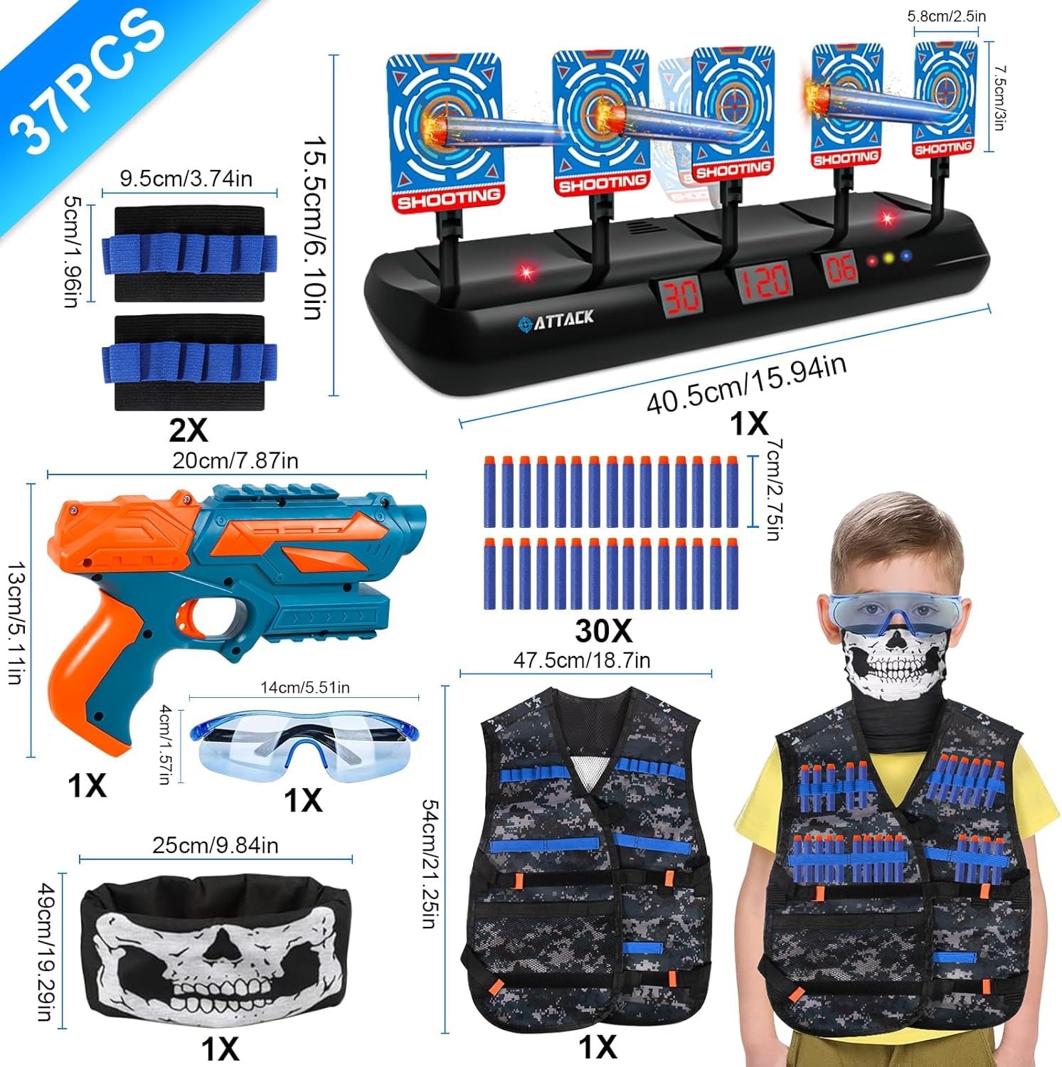 Cible pour Nerf avec 5 Cibles 3 Modes, Cible avec Pistolet Jouets, Gilet Tactique, 30 Mousse Fléchettes, Jeu Electronique de Tir avec Effet Lumineux et Sonore, Jouet pour 3+ an Garçons Filles