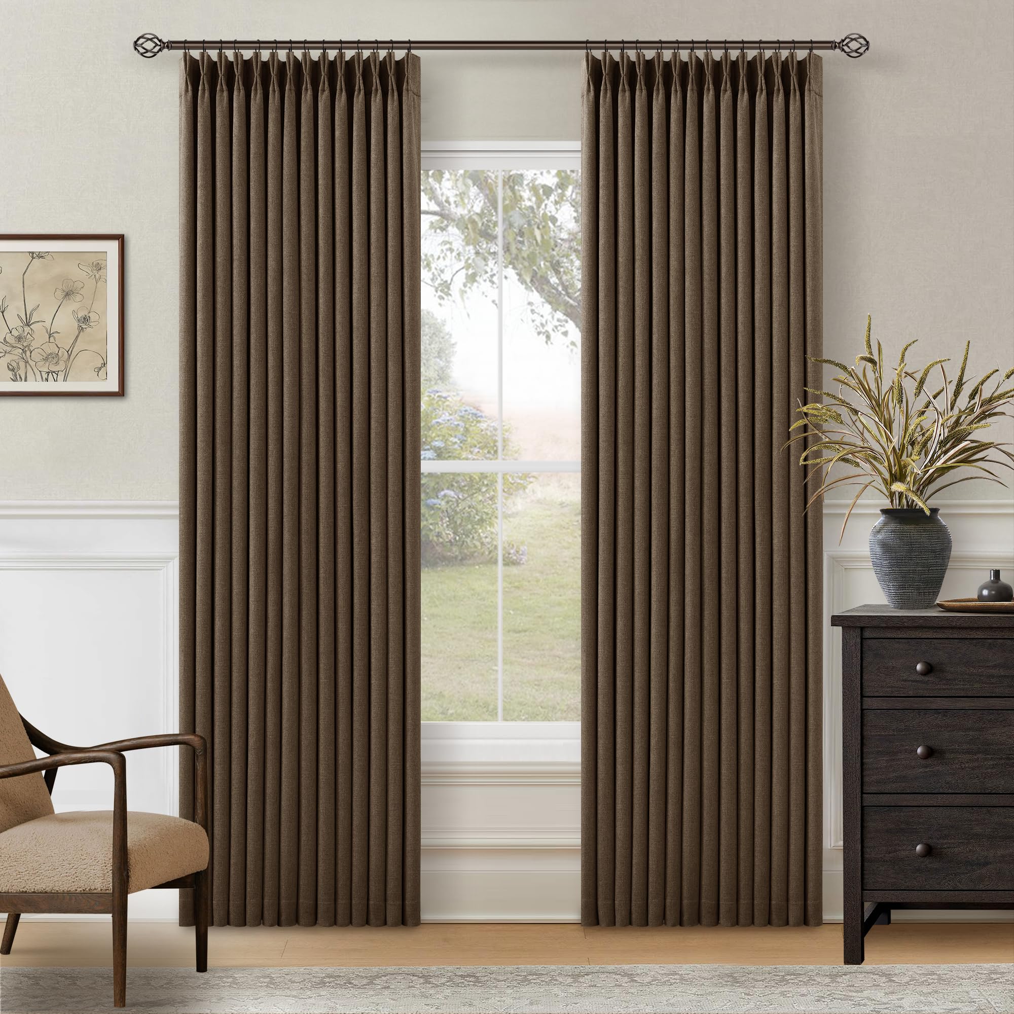 Dutch Cocoa Blackout Pinch Pleat Linen Curtains 84 Inches Long 2 Panels — image 1