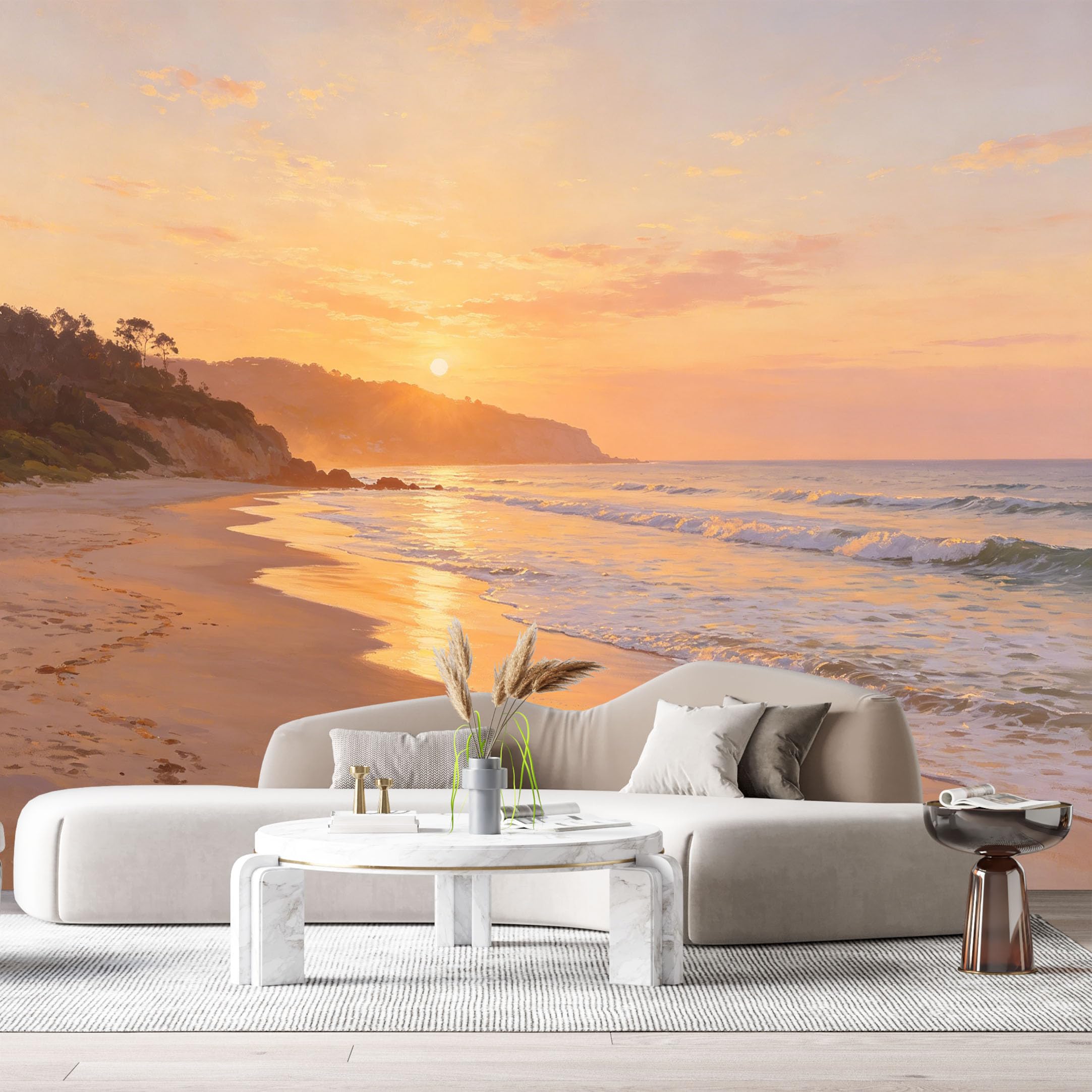 Custom Size Wall Murals Coastal Landscape Oil Painting Sunrise Ocean Waves Sandy Shore SelfAdhesive Wall Fabric Removable Large Wallpaper for Photo Living Room