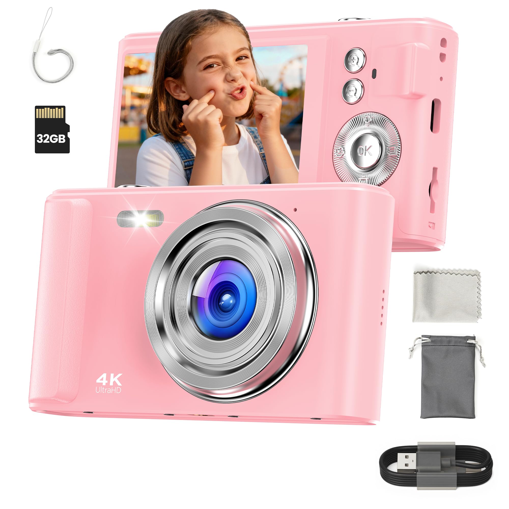 Digital Camera 4K for Kids 48MP Pink Camera for Teens Photography - Christmas Birthday Gifts for Girls -