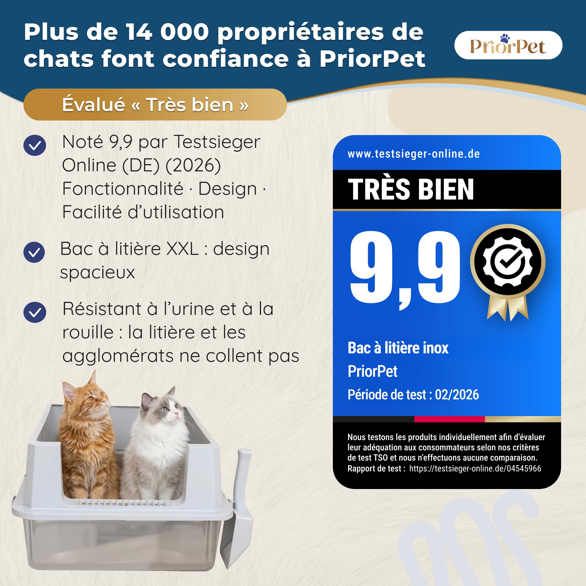 Bac litiere pour Chat INOX XXL Grand – Bac à litière pour Grands Chats & 2 Chats – Litiere Chat XXL Maine Coon – Grande litiere, Bord Haut, Anti-Fuite, Anti-Odeur – avec Pelle – 71×52×30 cm