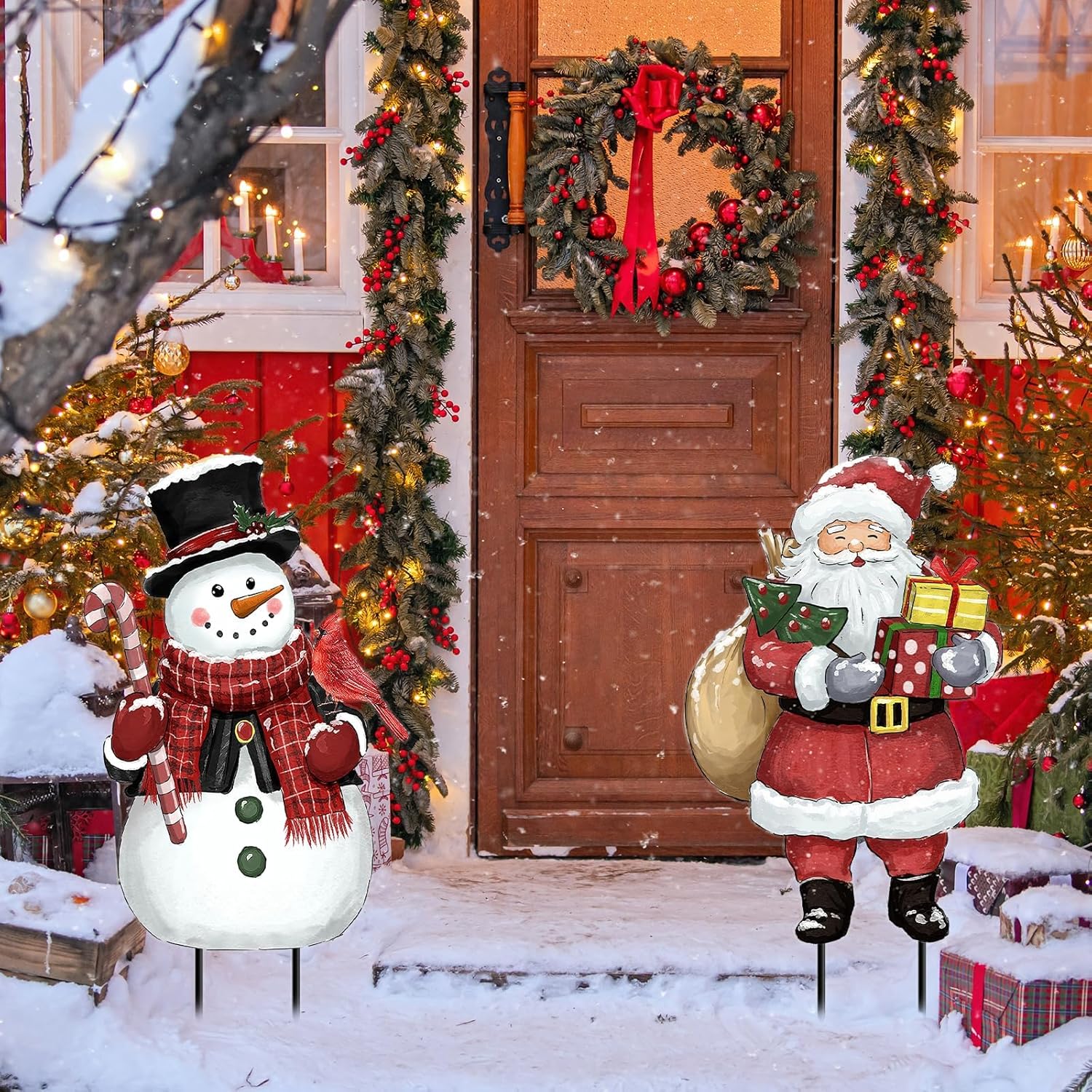 Christmas Decorations Outdoor, Snowman and Santa Claus Metal Yard Signs with Stakes, Xmas Winter Decorative Signs for Garden House Lawn Pathway Patio Outside