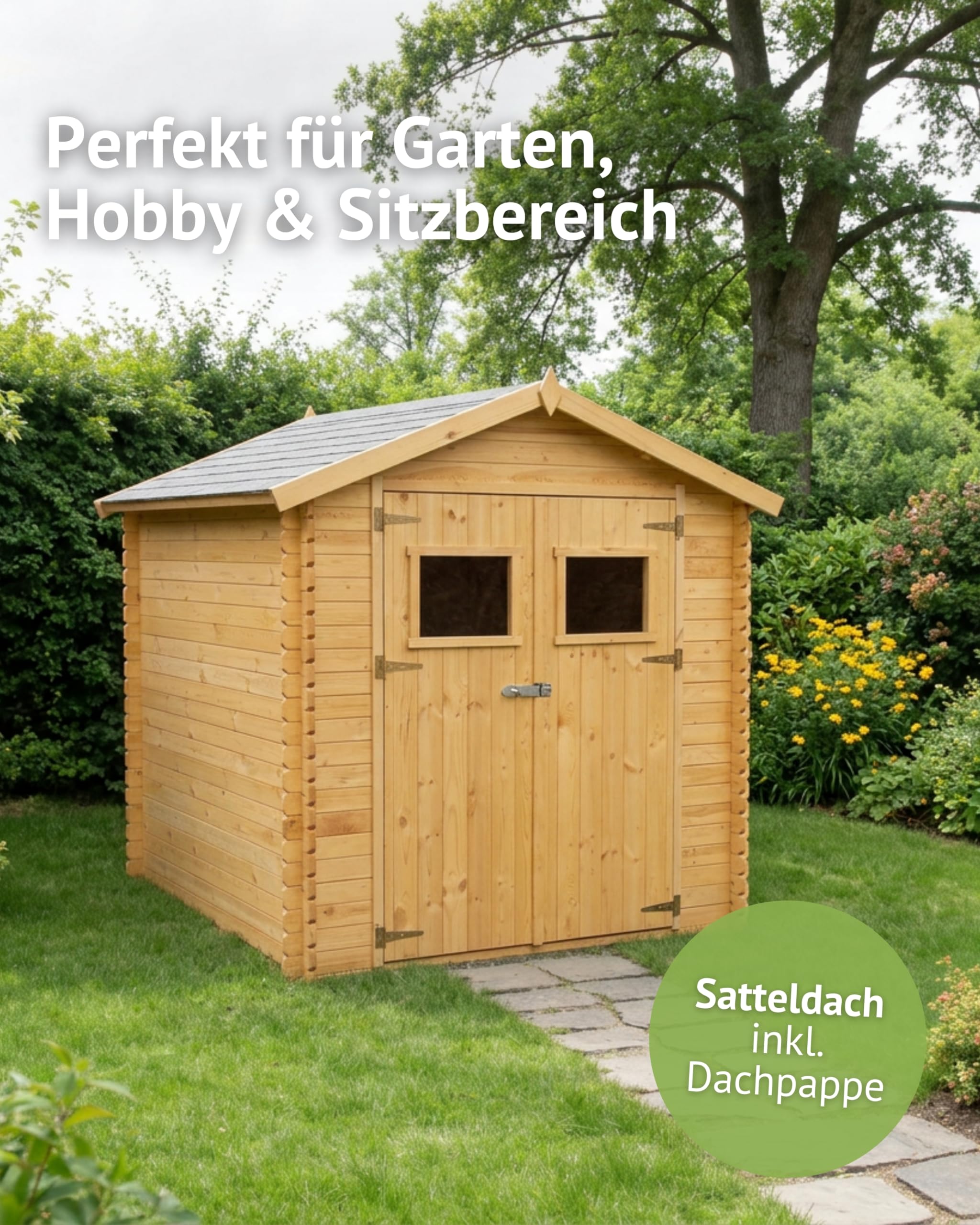 Steiner Shopping Gartenhaus Wien 19 mm I Holz 200x200 cm I Blockbohlen Gartenhaus mit Doppeltür I Gerätehaus Holz groß für 4 m² Nutzfläche I Robuster Geräteschuppen für Gartengeräte