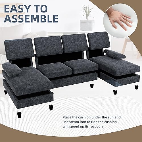 Miniatura 6 de Shintenchi Sofás seccionales en forma de U para sala de estar, sofá de 4 asientos con diván doble, sofá seccional con marco de madera maciza para