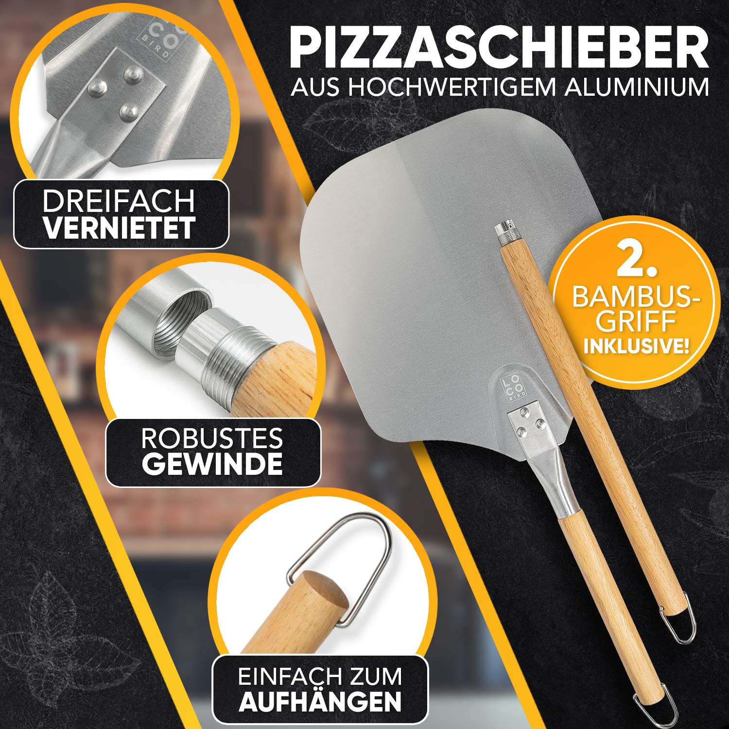 Loco Bird kamień do pizzy, łopatka do pizzy, grilla gazowego, w zestawie 3 szt., prostokątny z kordylierytu, do chrupiącej podłogi