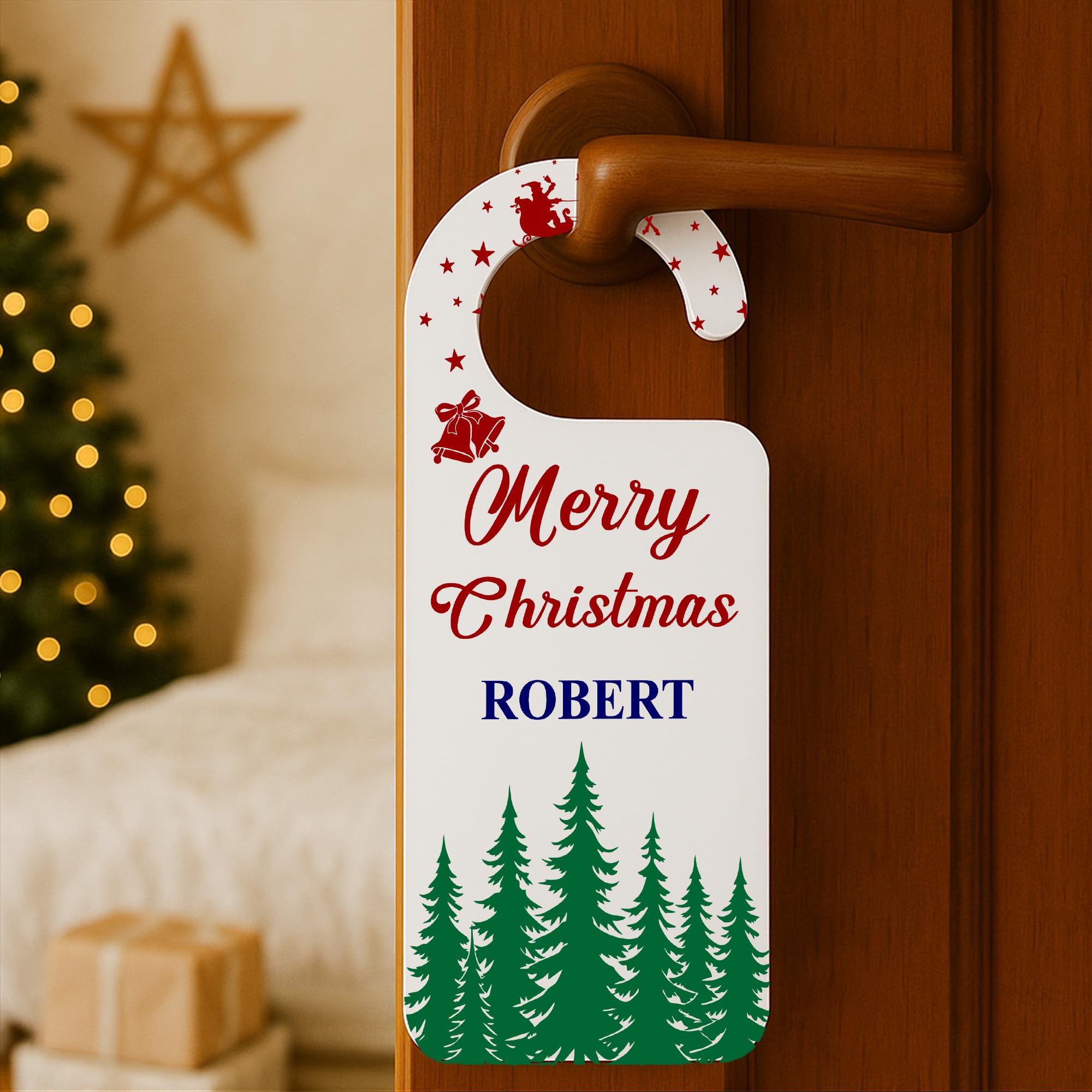 KreateSquare Personalised "Santa Please Stop Here" Door Hanger, Custom Name Christmas Sign for Kids & Families, Festive Christmas Eve Door Decoration, Wooden, White & Clear Acrylic Unique Gift UK