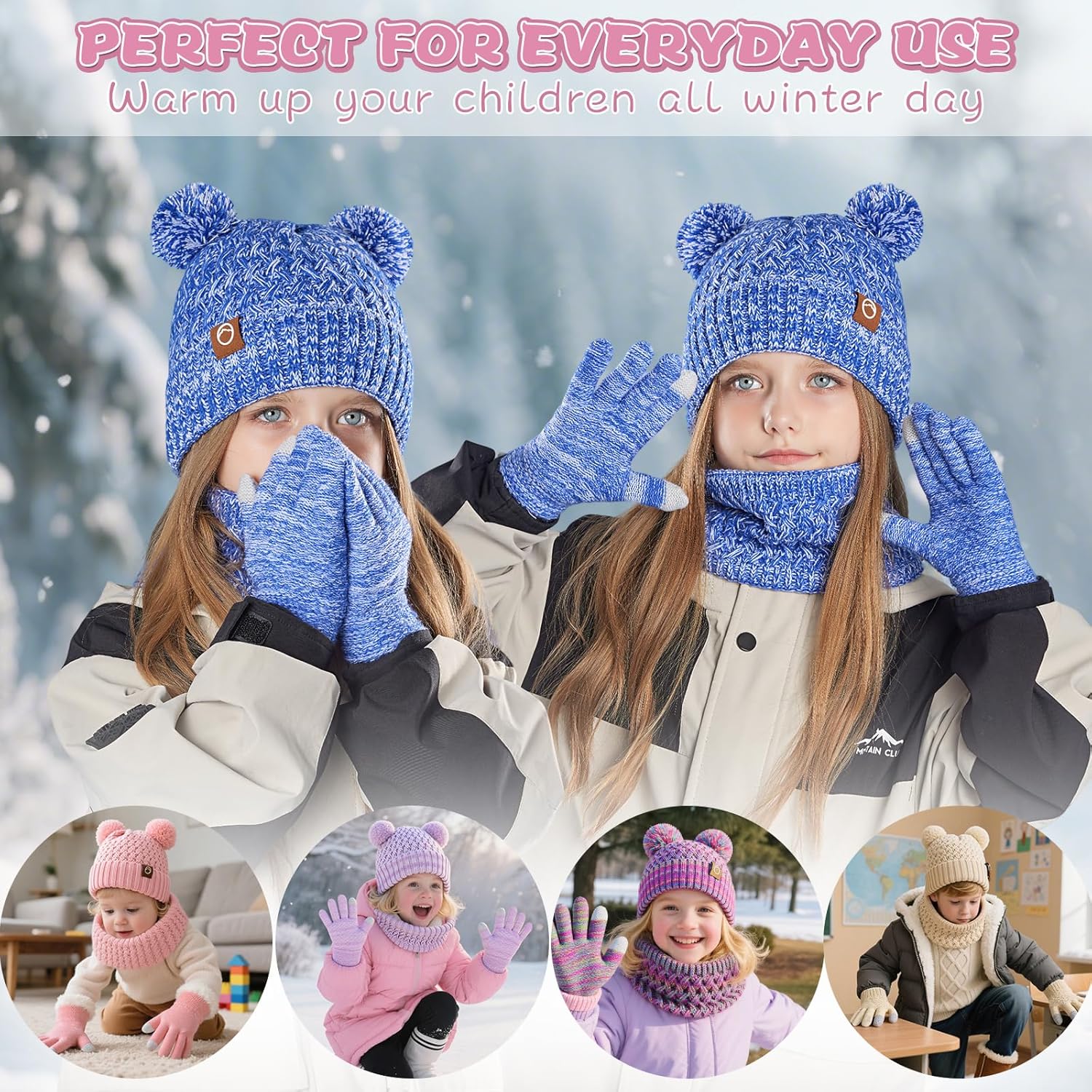 Kids Winter Hat Gloves Scarf Set,Toddler Girls Winter Hat Kids Beanie with Pom Neck Warmer Gaiter Mittens Fleece Lined Set - Image 6