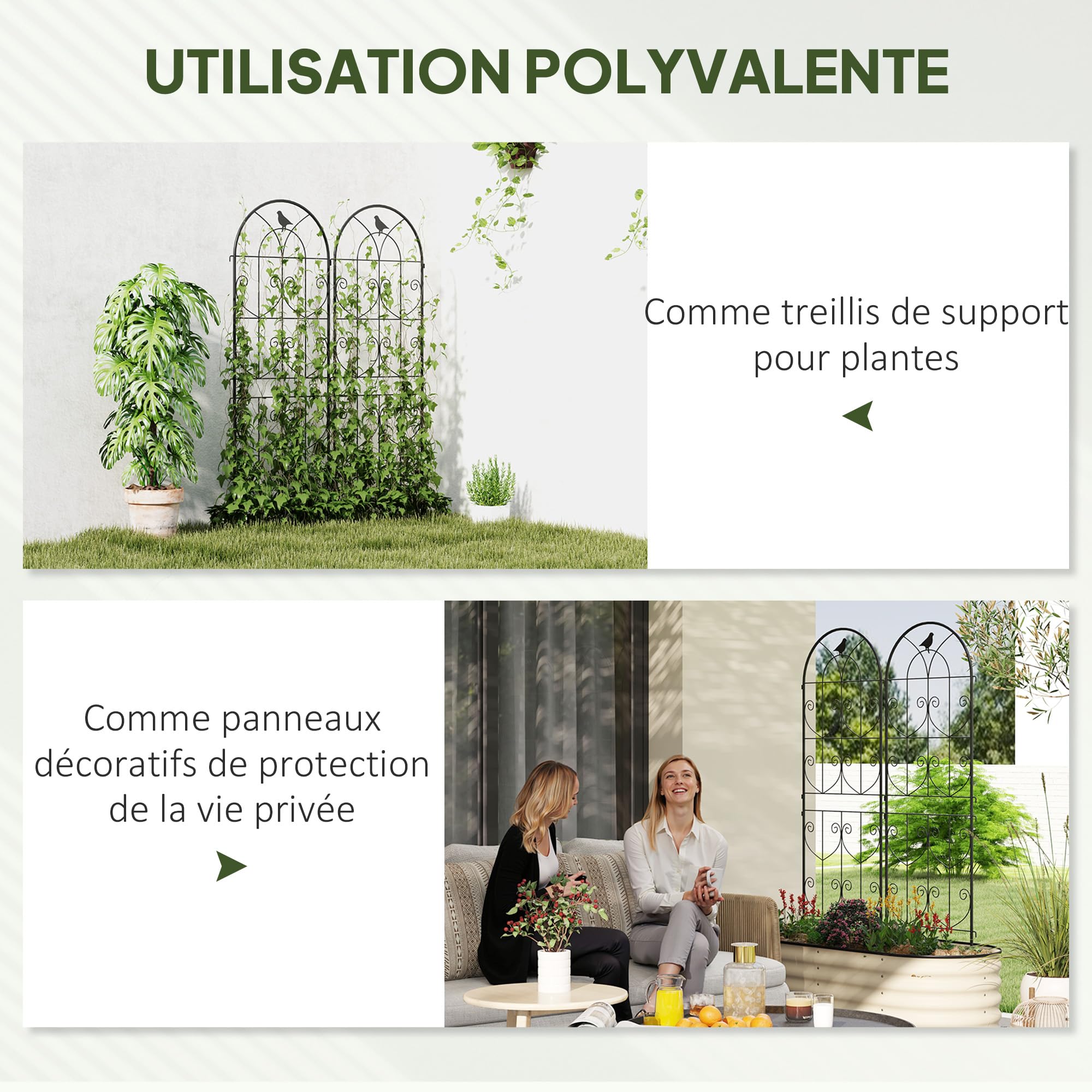 Support pour plantes grimpantes - Outsunny - avec oiseaux - lot de 2 - pour légumes vignes fleurs - en métal - 50 x 220 cm - noir - Jardin