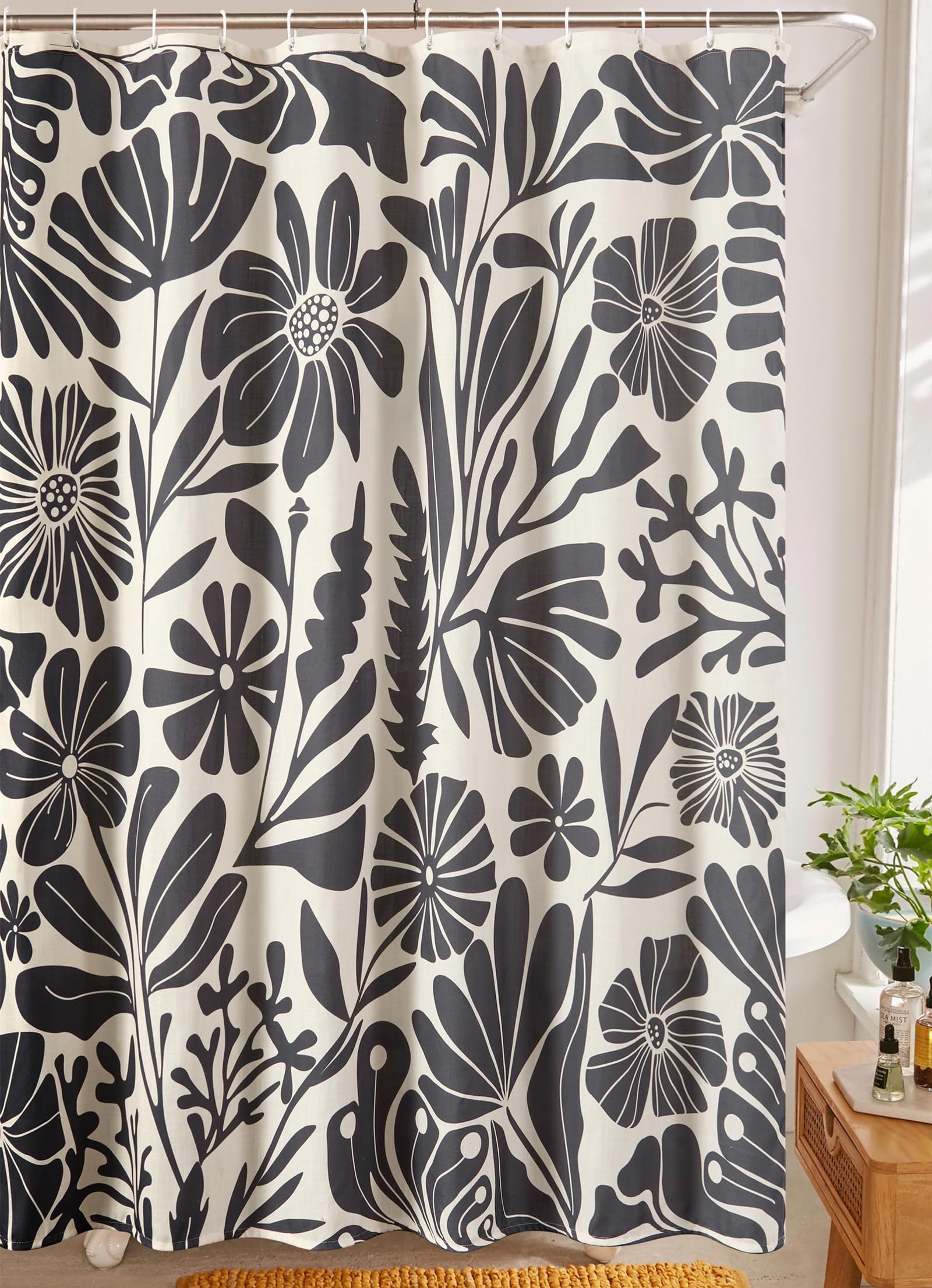 RoomTalks Black Vintage Floral Faux Linen Shower Curtain for Bathroom Decor - 210GSM Heavy Duty Modern Farmhouse Country Rustic Matisse Plants Botanical Shower Curtain Set with Hooks