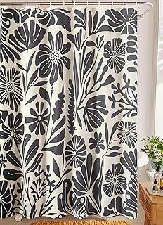 RoomTalks Black Vintage Floral Faux Linen Shower Curtain for Bathroom De...