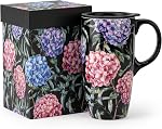 DUSVALLY 17oz Ceramic Travel Mug with Lid, Hydrangea Floral Coffee Mug with Handle, Large Ceramic Tea Cup, Microwave & Dishwasher Safe, Gift Box Included