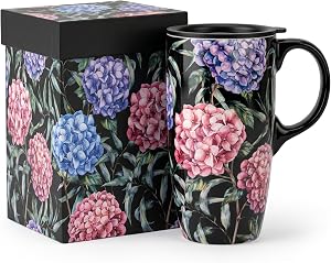 DUSVALLY 17oz Ceramic Travel Mug with Lid, Hydrangea Floral Coffee Mug with Handle, Large Ceramic Tea Cup, Microwave & Dishwasher Safe, Gift Box Included