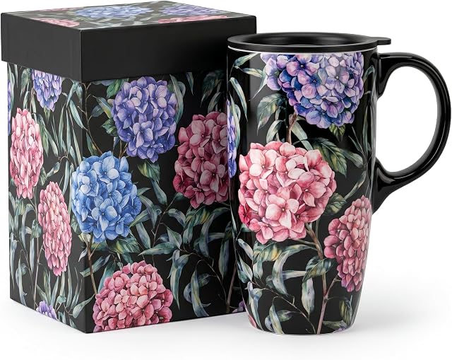 DUSVALLY 17oz Ceramic Travel Mug with Lid, Hydrangea Floral Coffee Mug with Handle, Large Ceramic Tea Cup, Microwave & Dishwasher Safe, Gift Box Included