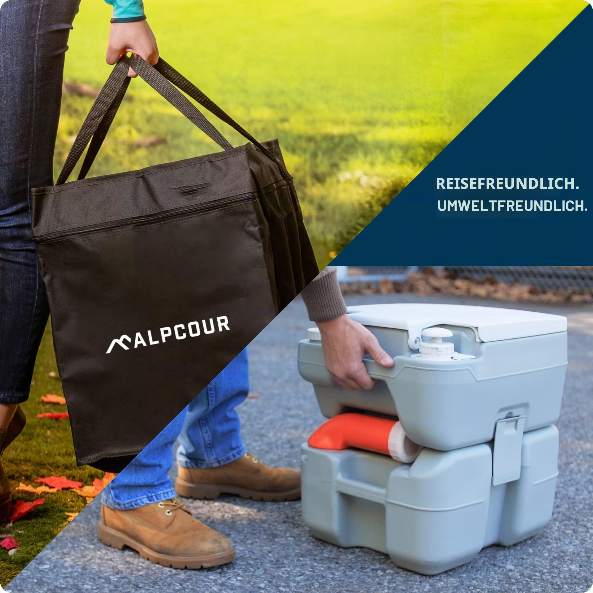 Alpcour, tragbare, kompakte, mobile Toilette für Innen- und Außenbereich mit Tragetasche für Camping, Wohnmobil, Boot, Spülung mit Kolbenpumpe, 20 L-Abwassertank, integrierter Ausguss, Waschsprühkopf