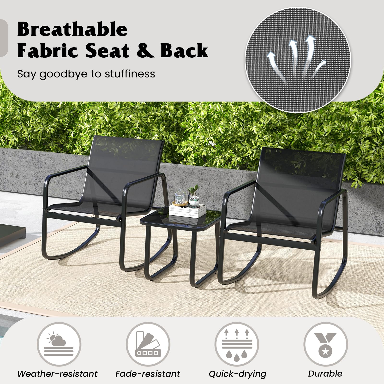 GIANTEX Set da Giardino per 2 Persone, Sedie a Dondolo con Tavolino in Vetro, Tessuto Traspirante e Gambe Regolabili, Disponibile in 3 Colori, Perfetto per Balcone e Terrazzo
