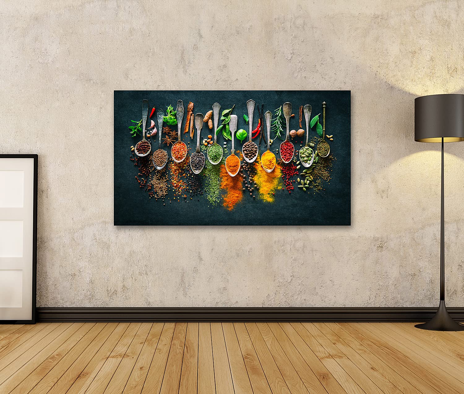islandburner Immagine su tela colorata, diverse erbe, spezie, cucina, sfondo scuro, erbe, spezie, cucina, sfondo scuro, poster artistico, 100 x 57 cm