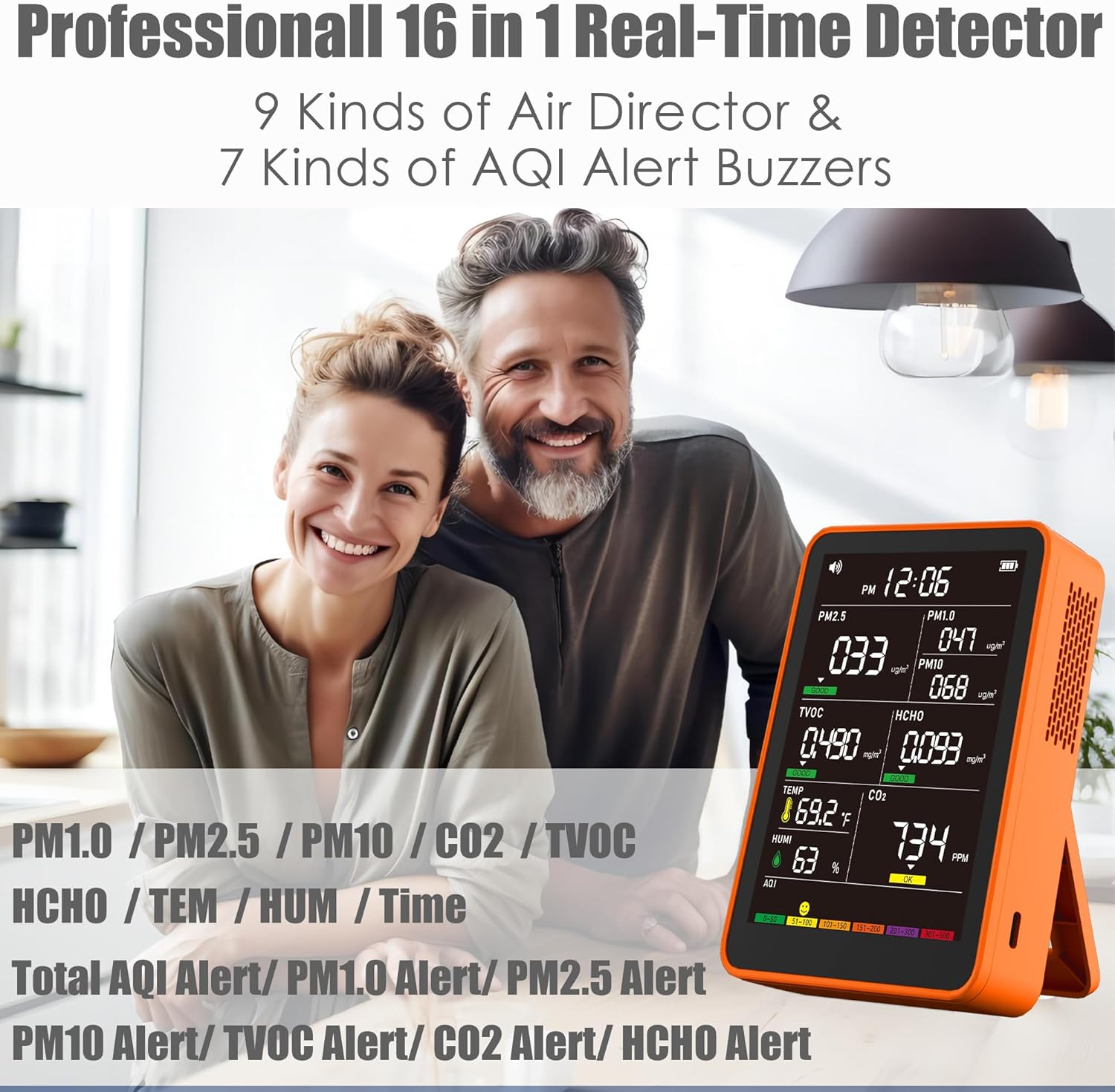 Professional Indoor Air Quality Monitor with AQI Alarms, Portable Real-Time Detector for Home Cars Plants and Pets (Bright Orange)