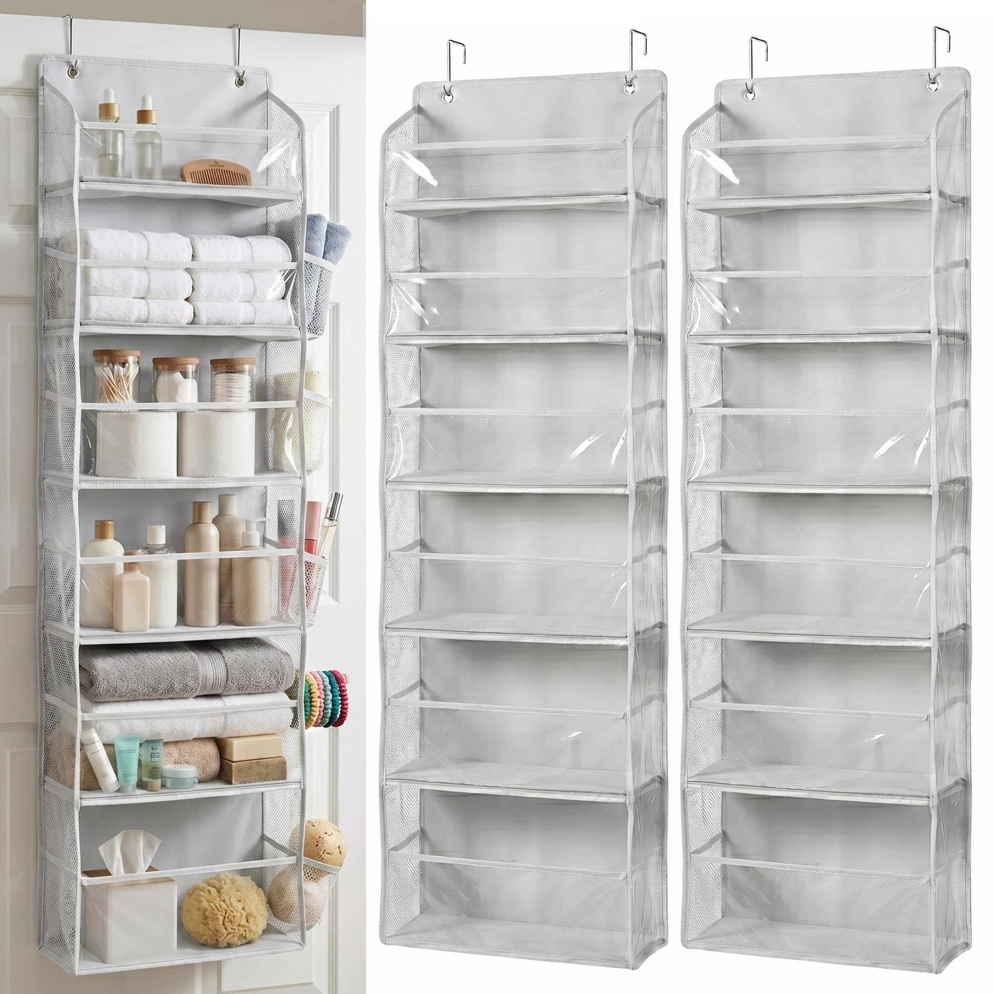HOMELUX THEORY UPGRADED 6 Tiers Over The Door Organizer Hanging - 100D EXTRA THICK & 50lbs HUGE CAPACITY, 12 Side Mesh Pockets Over The Door Shoe Organizer, Hanging Closet Organizer (Transparent, 2pc)