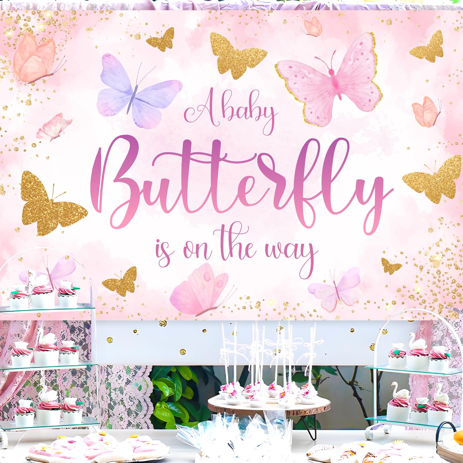 Schmetterling Babyparty Hintergrund 210x150 Cm – Lila/rosa, „A Little Butterfly Is On The Way“ – Für Fotos & Deko