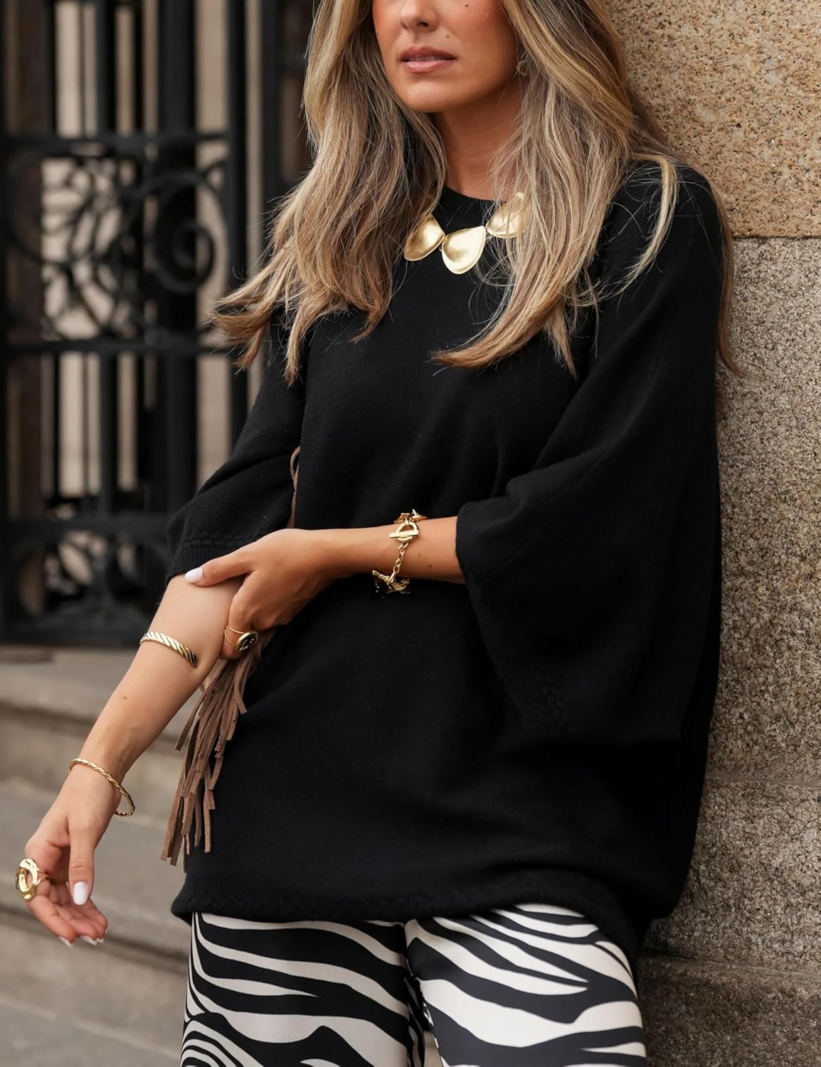 Tanming Womens Knit Sweater Crew Neck 3/4 Sleeve Oversized Tee Shirt Pullover Casual Loose Vest Tops(Black-XL) - Image 4