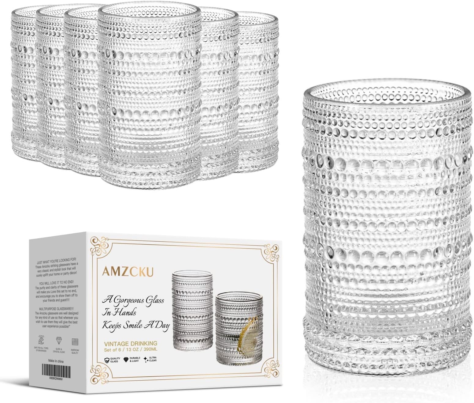 Amzcku Vintage Highball Drinking Glass Set of 6 Kitchen Glasses Cup(13 OZ),for Water,Cocktail,Milk,Juice and Beverage.…