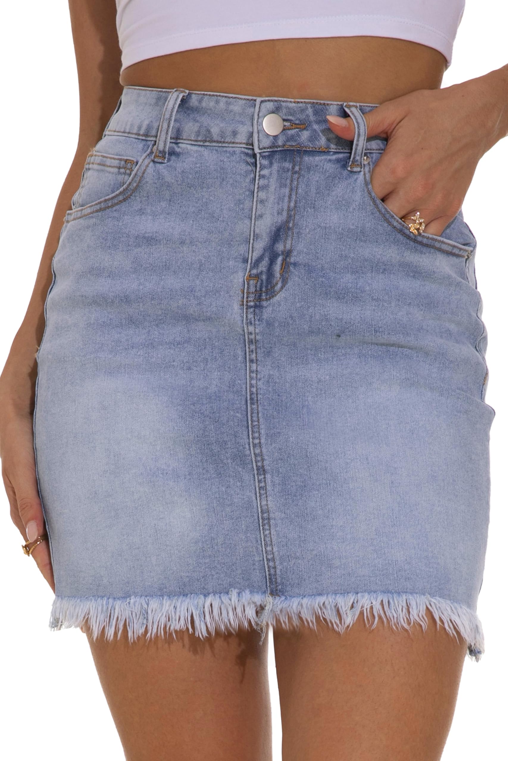 GUANYY Womens Denim Skirt Raw Hem Bodycon Stretch Casual High Waisted Jean Mini Skirt