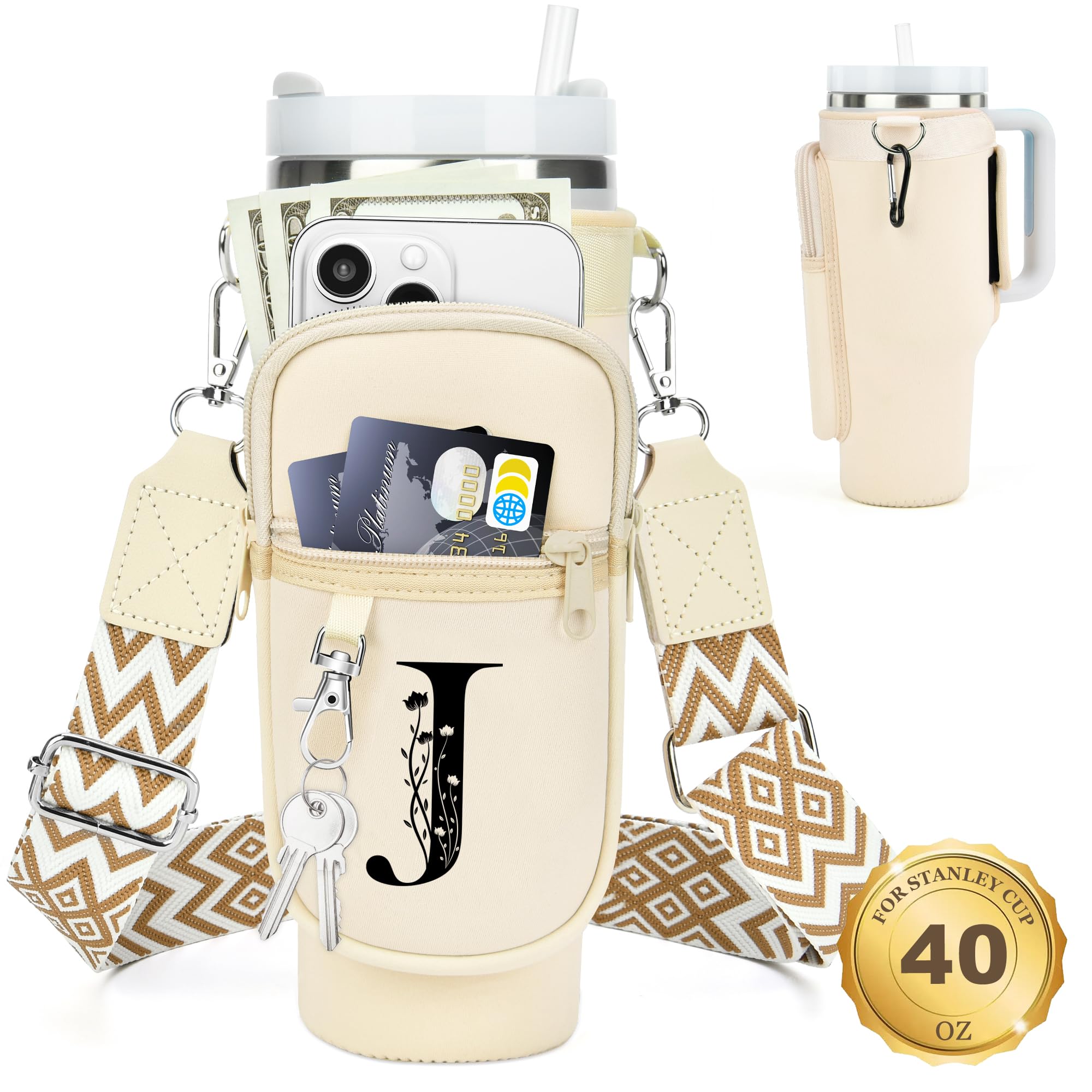 Initial Water Bottle Holder with Strap for Stanley Cup 40 oz Tumbler
