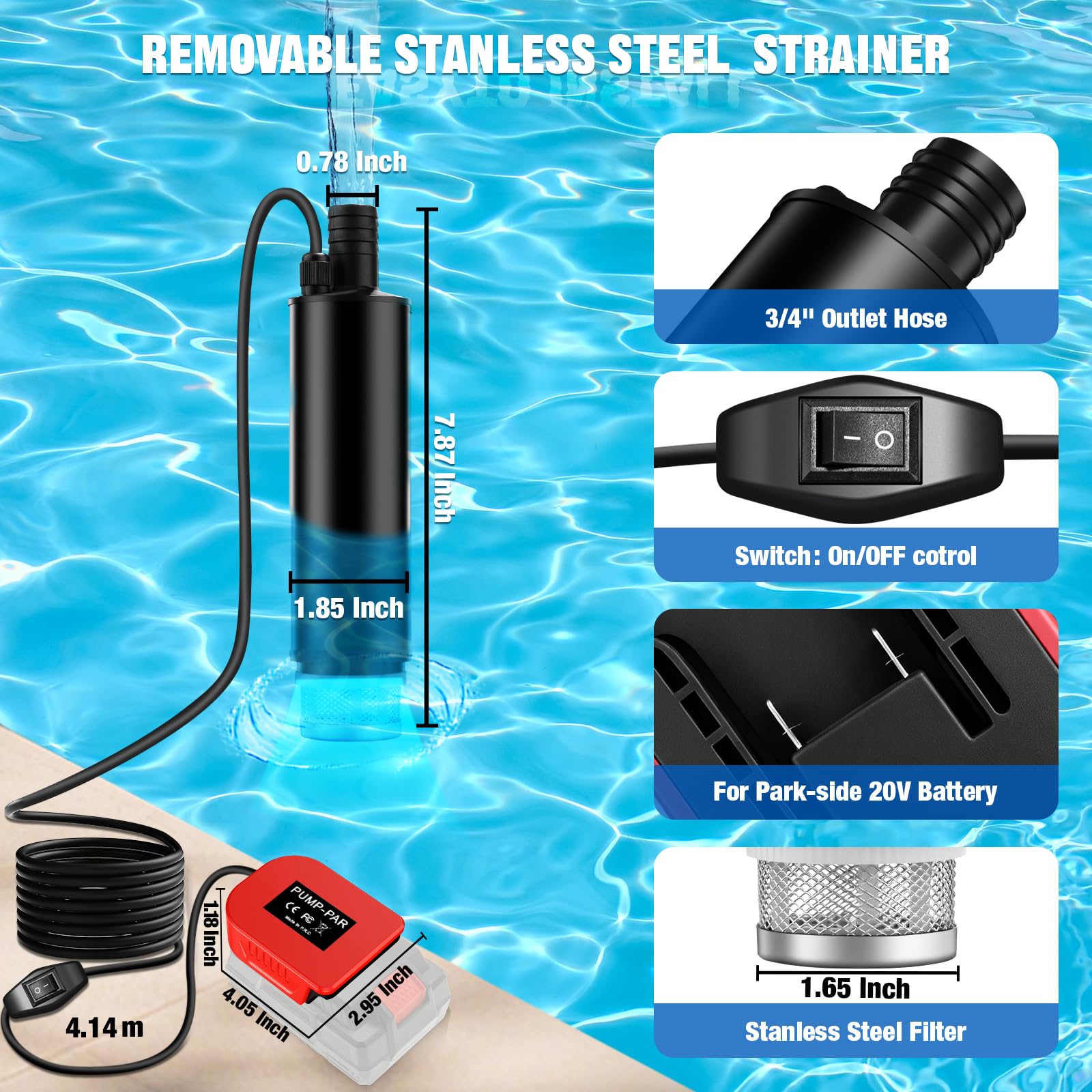 Pompa sommersa per Parkside a batteria da 20 V, pompa per acqua sporca, pompa di aspirazione, pompa di aspirazione, pompa per piscina, cantina, piscina, giardino, mini pompa sommergibile (senza