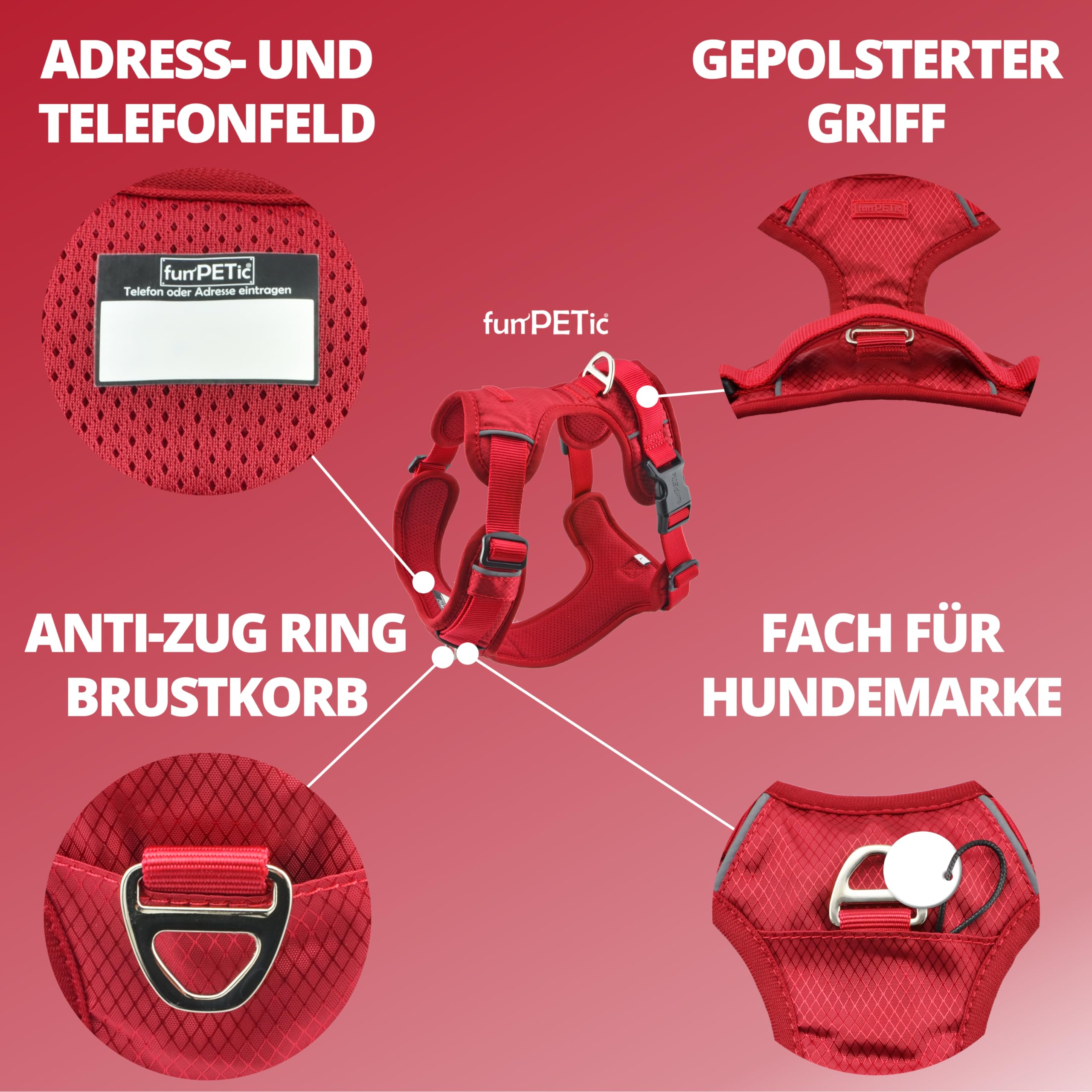 funPETic Arnés para perros Essential – Arnés antitirones reflectante, acolchado y transpirable – Arnés de pecho para perros medianos y grandes (L – Berry Red)