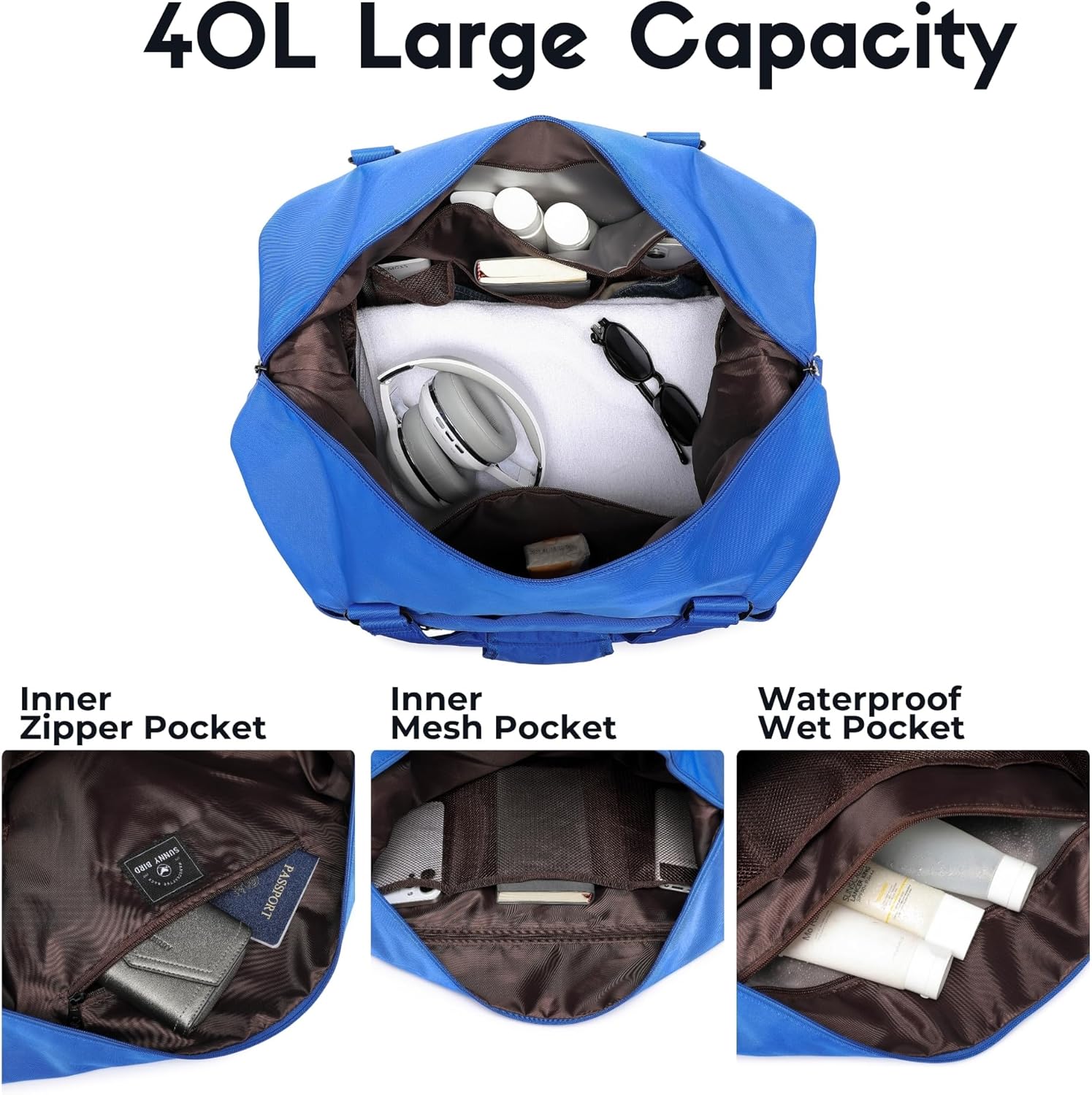 SUNNY BIRD Duffel with Utility Pouch, 40L Weekender Overnight Bag with Shoe Compartment for Travel and Sports (Blue) - Image 3