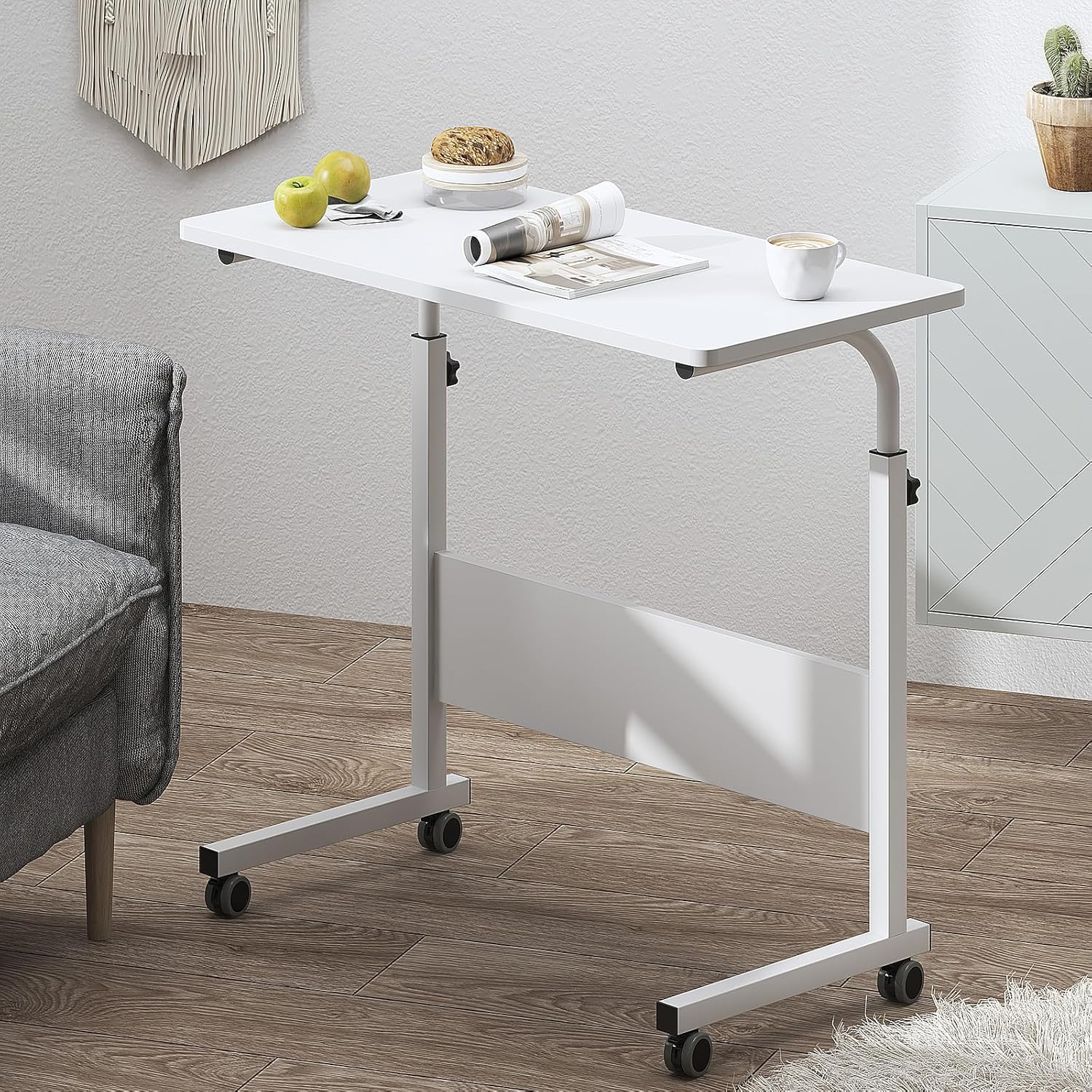 DlandHome Rolling Desk Adjustable Standing Desk, Mobile Side Table 31.4 Inches w/Wheels Adjustable C Table Movable Portable Laptop Computer Stand for Bed Sofa,White